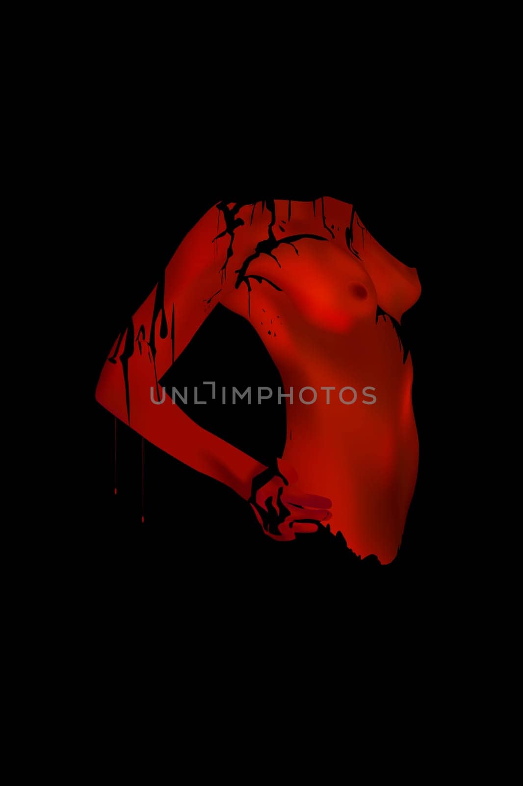Nude posture of a naked women covered in red paint. Abstract art.