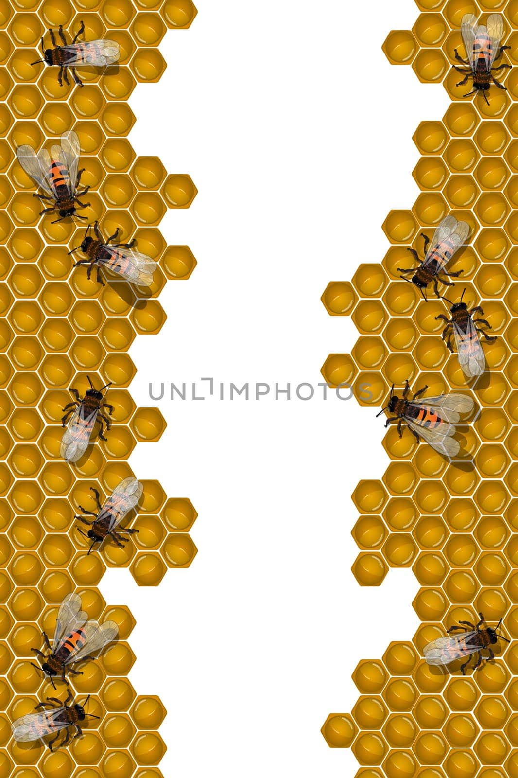 Working bees over a honeycomb frame, isolated and grouped objects over white background. Transparency effect used.
