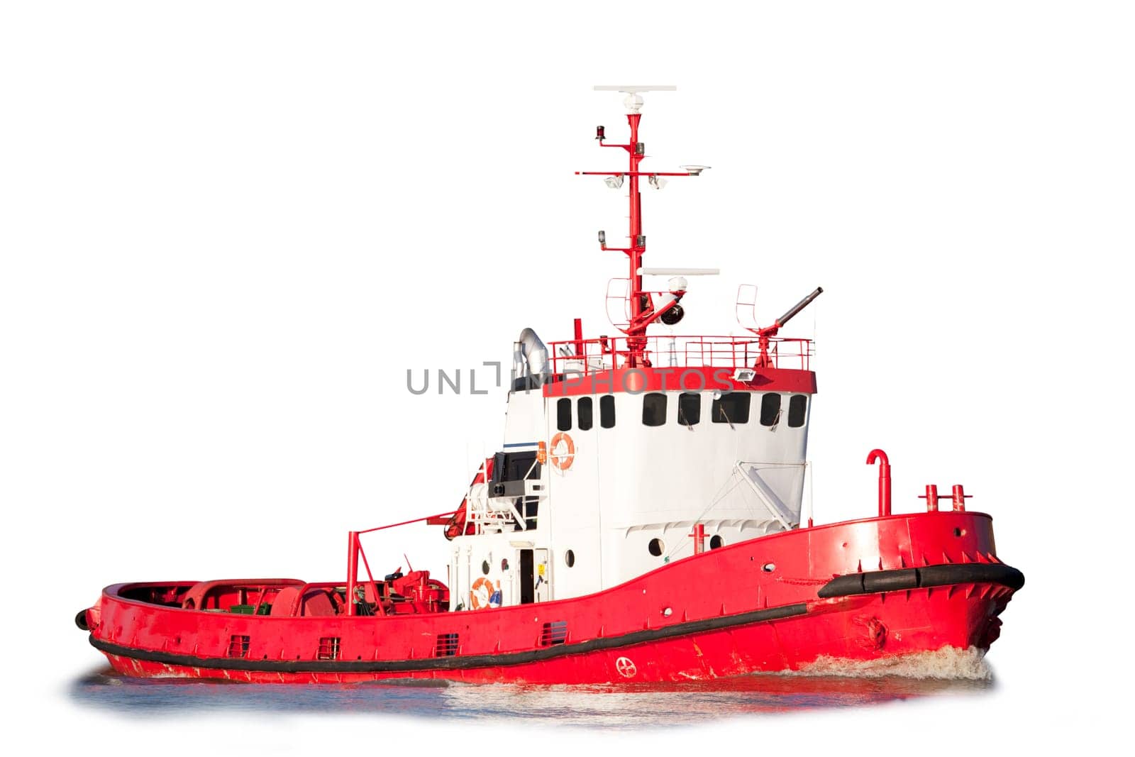 An isolated tug boat equipped with saftey equipment