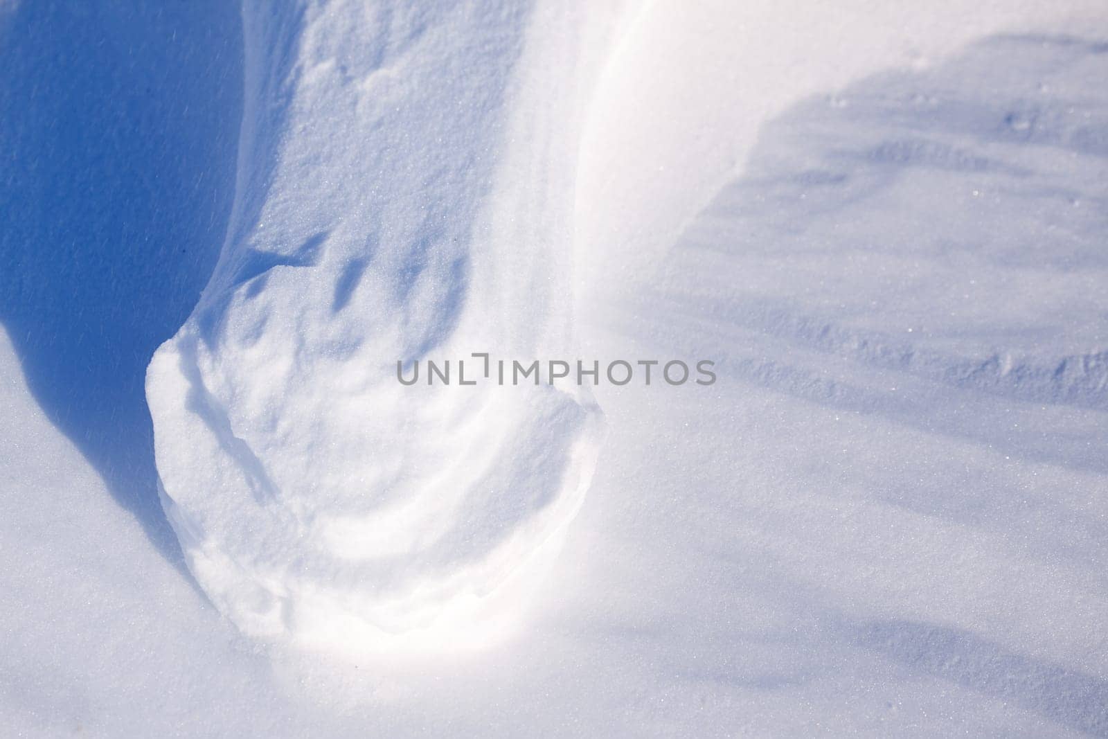 A foot print from a bolar bear with loose snow blown away