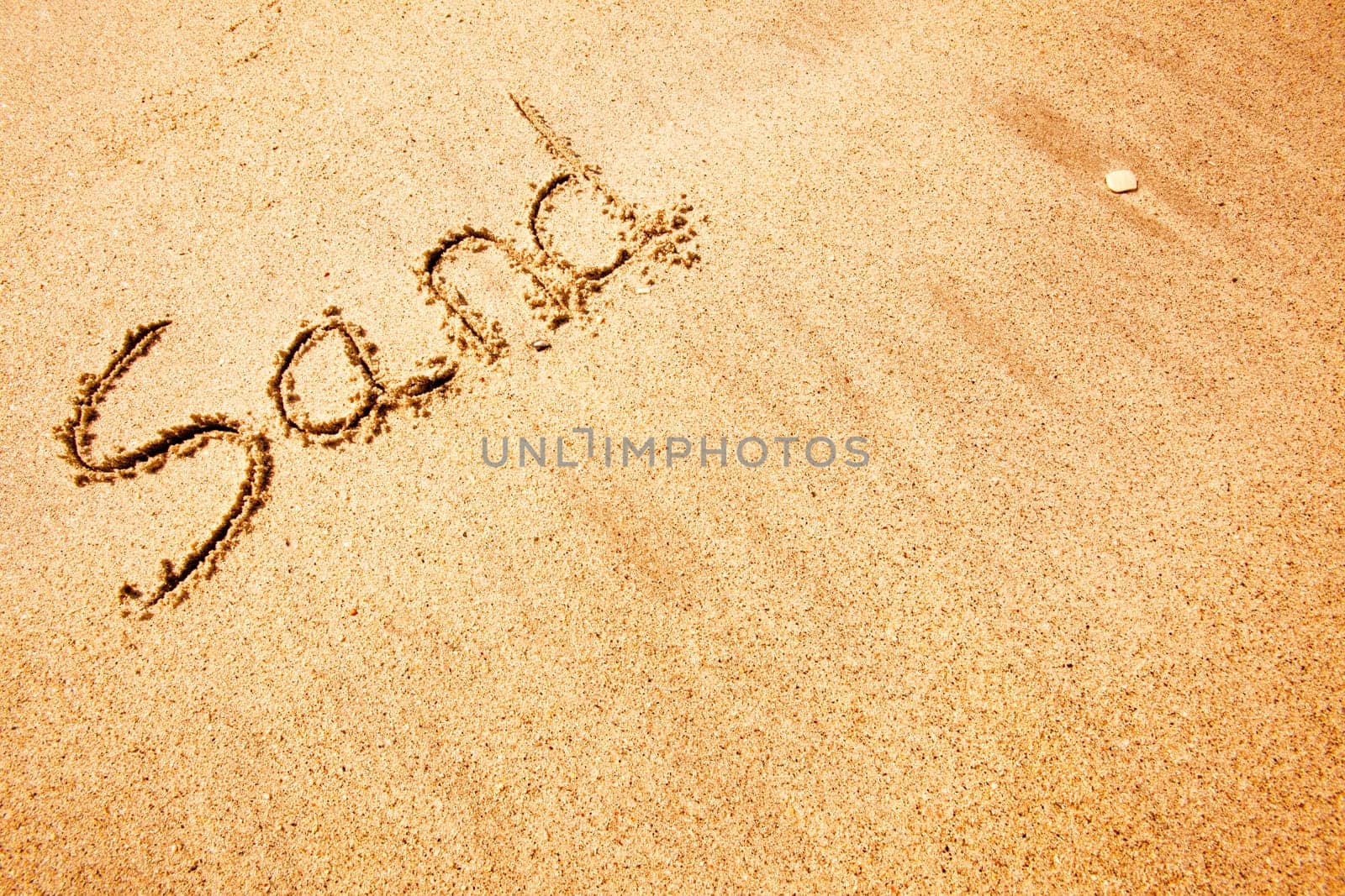 The word sand written in the sand at a beach - background texture