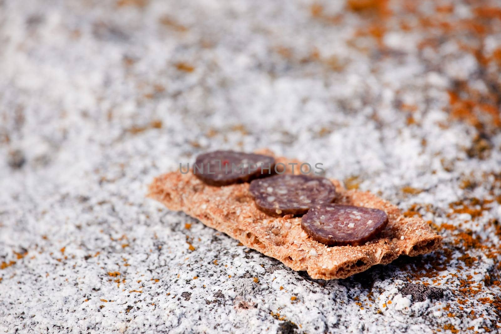A cracker with slices of meat - Shallow depth of field with focus on first meat slice