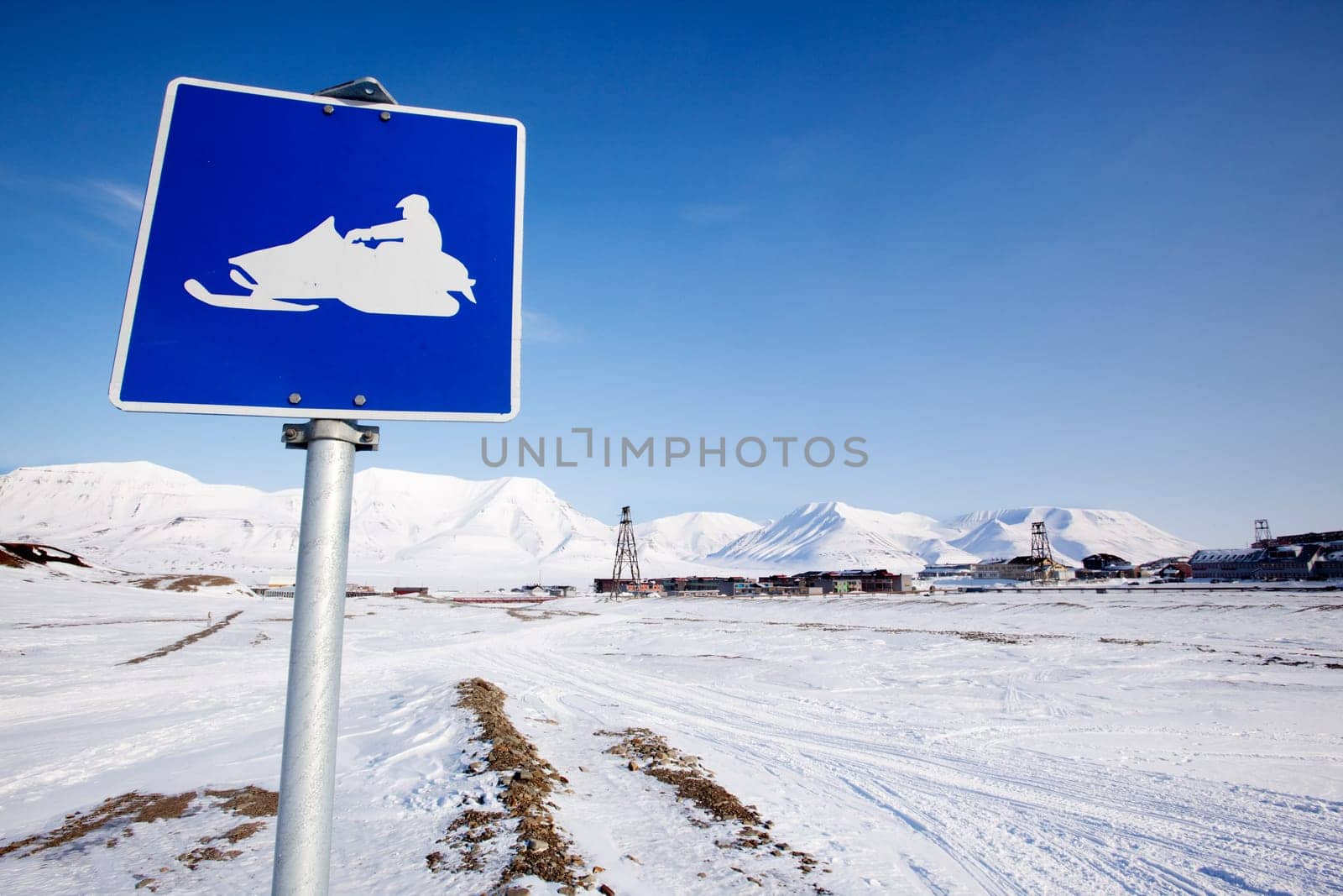 A snowmobile trail sign in Longyearbyen, Svalbard, Norway