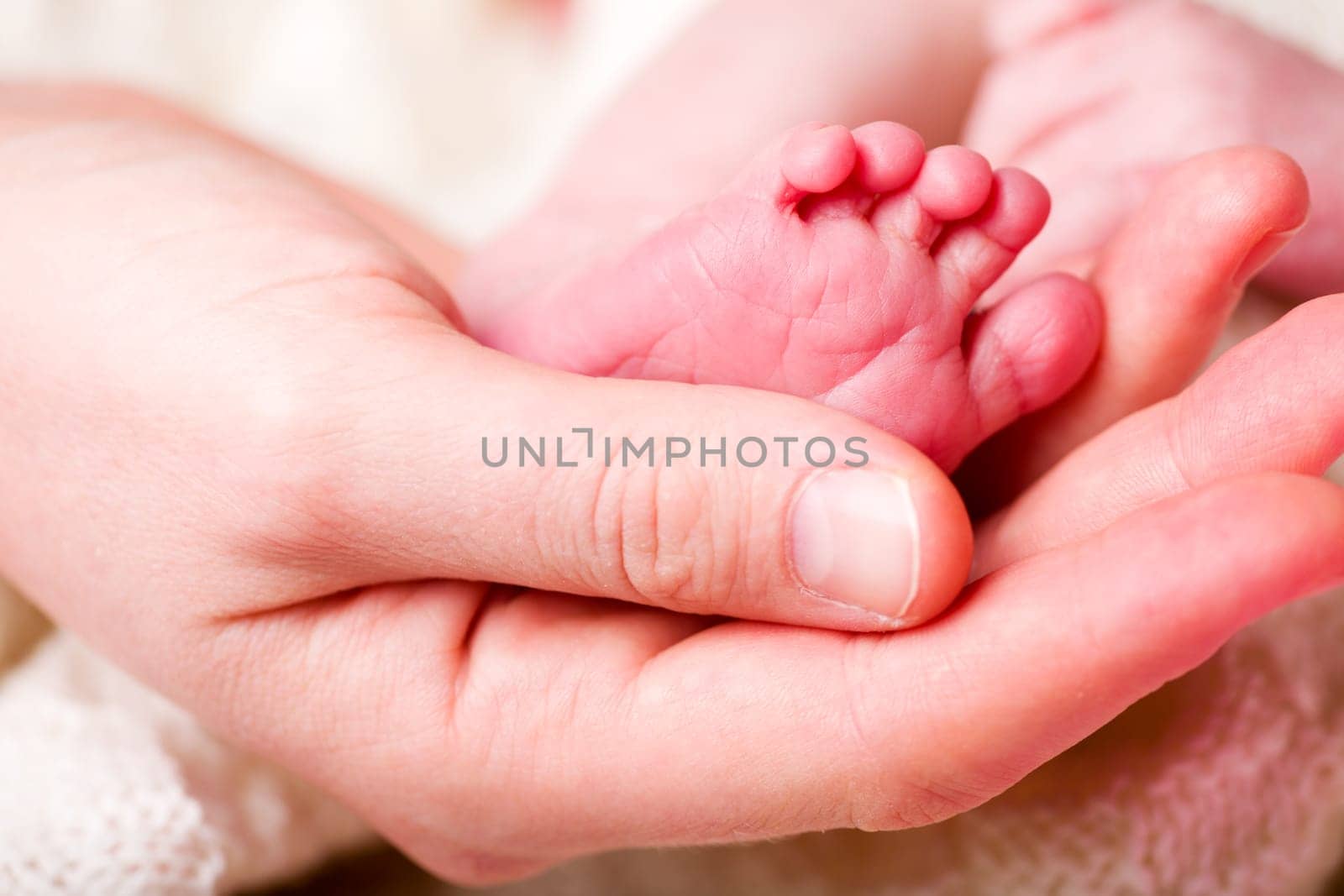 The foot of a newborn baby in the hand of a mother