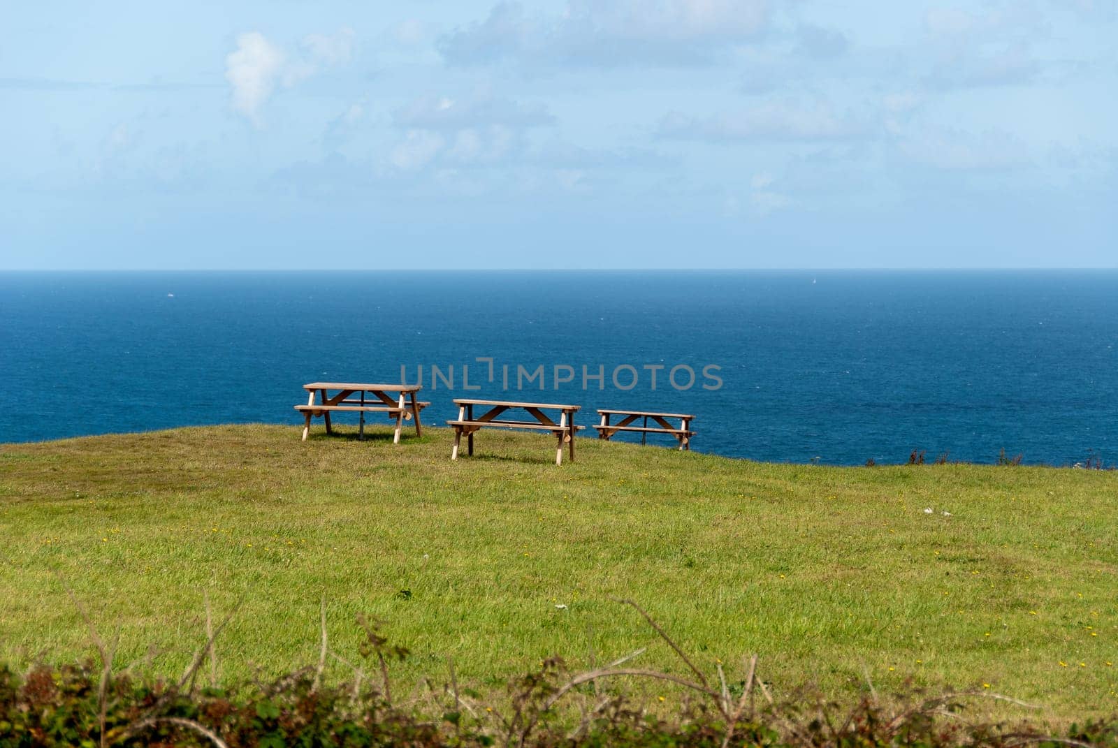 picnic tables and benches at Tintagel in Cornwall