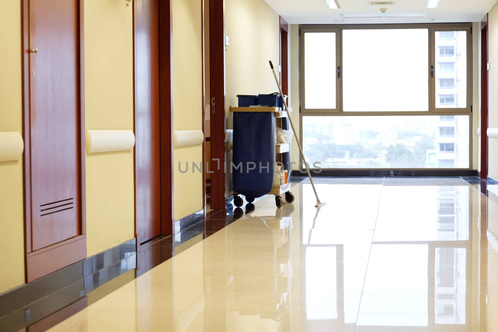 Interior of empty corridor of hospital