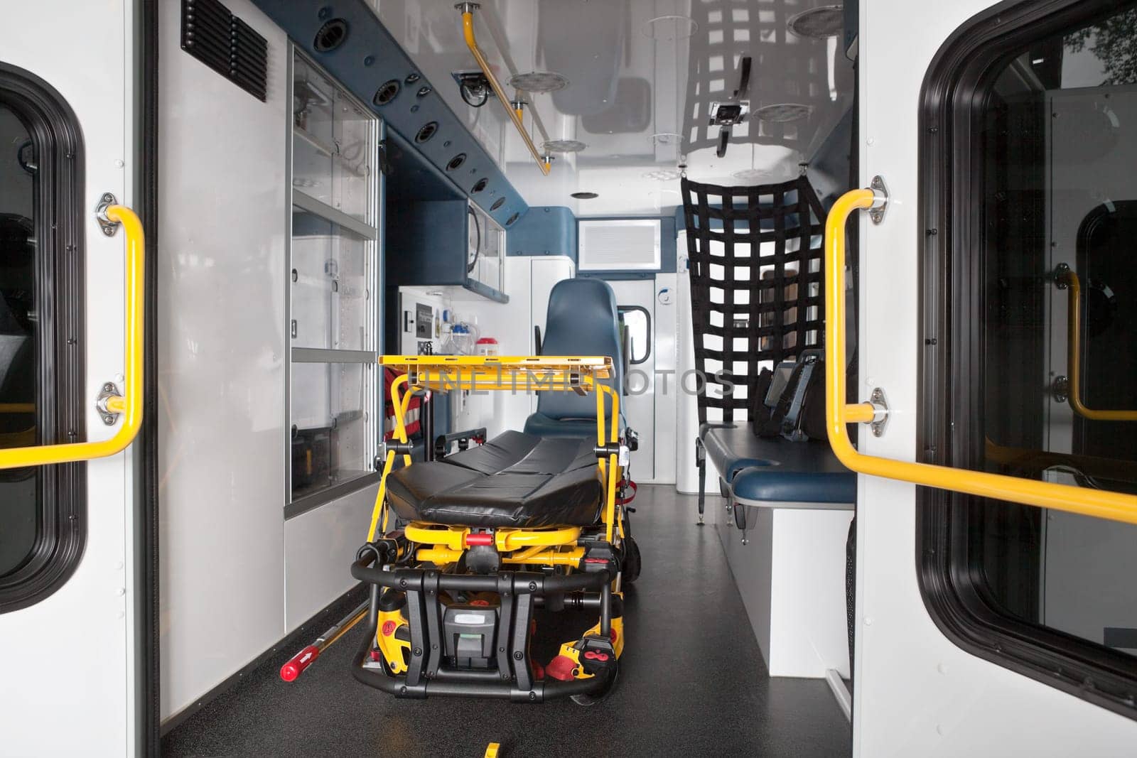 Interior of an empty ambulance with stretcher