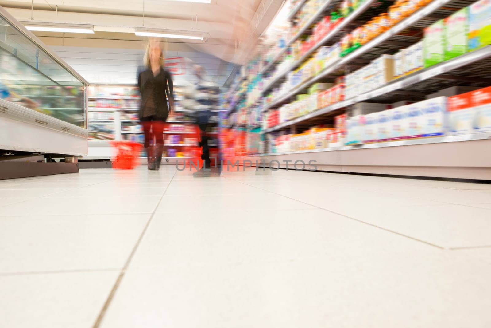 Blurred view of people in supermarket while shopping