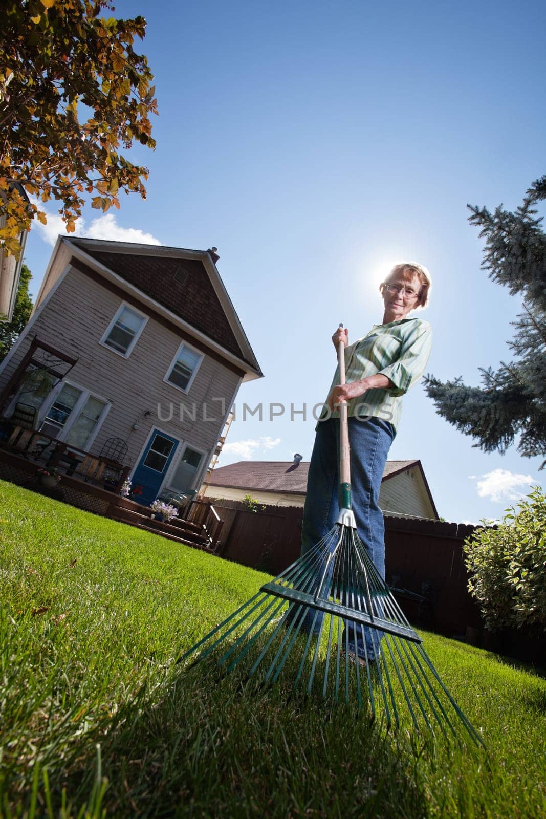 Low angle view of senior woman holding rake