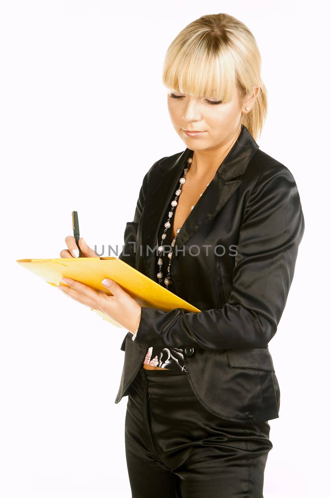 Sexy Beautiful Business women isolated on white with yellow folder