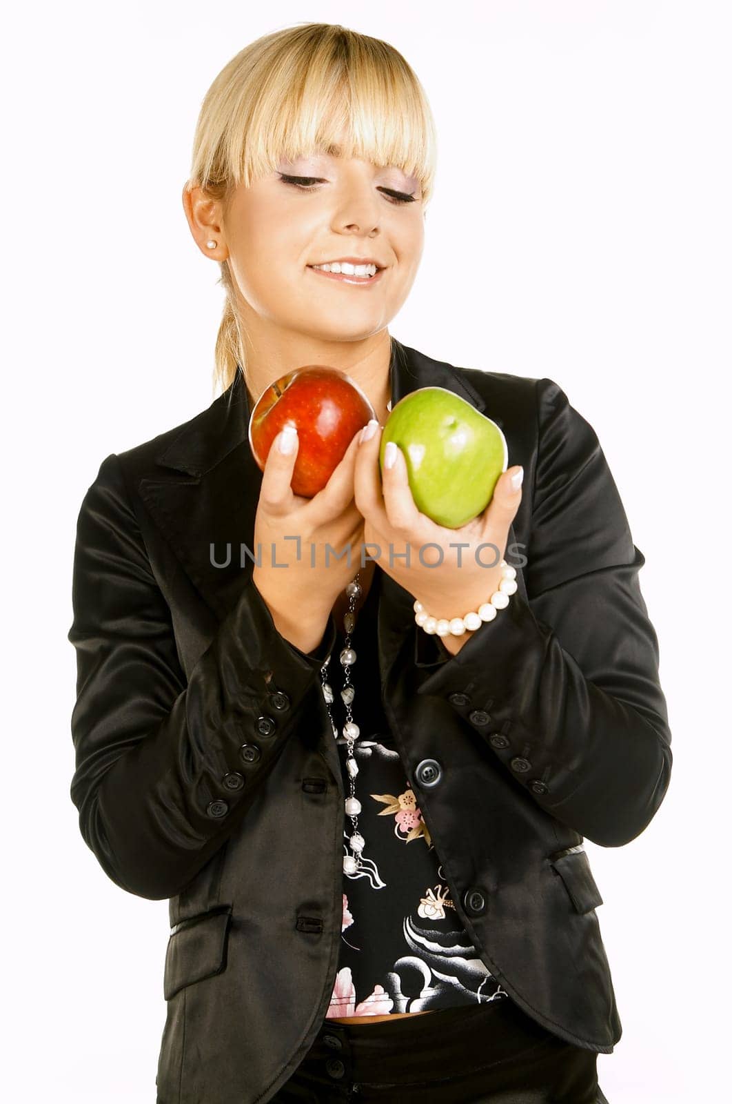 Sexy Beautiful Business women isolated on white with fruits