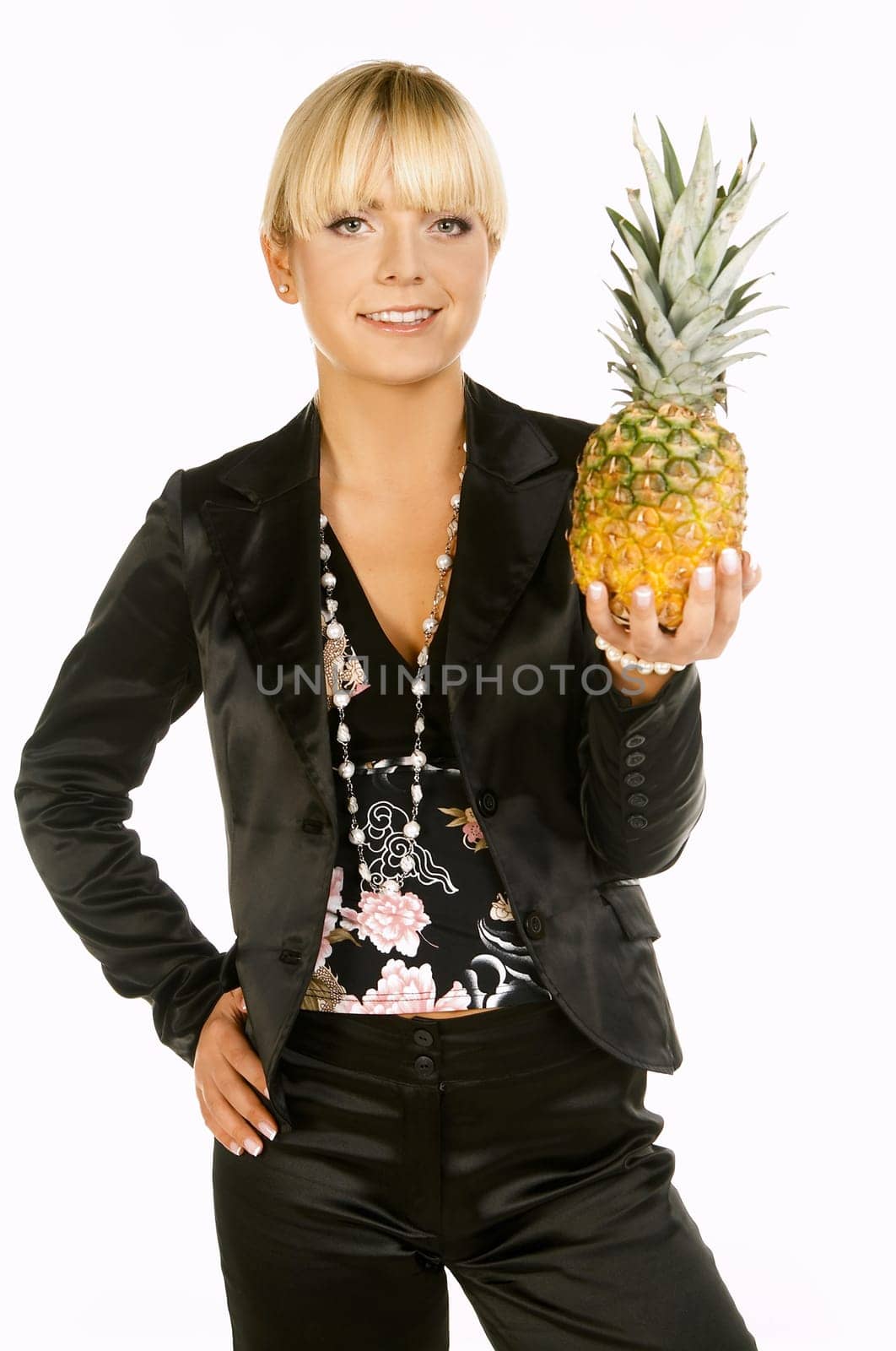 Sexy Beautiful Business women isolated on white with fruits