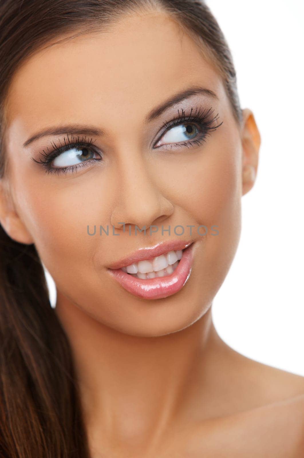 Portrait of beautiful young woman on white background