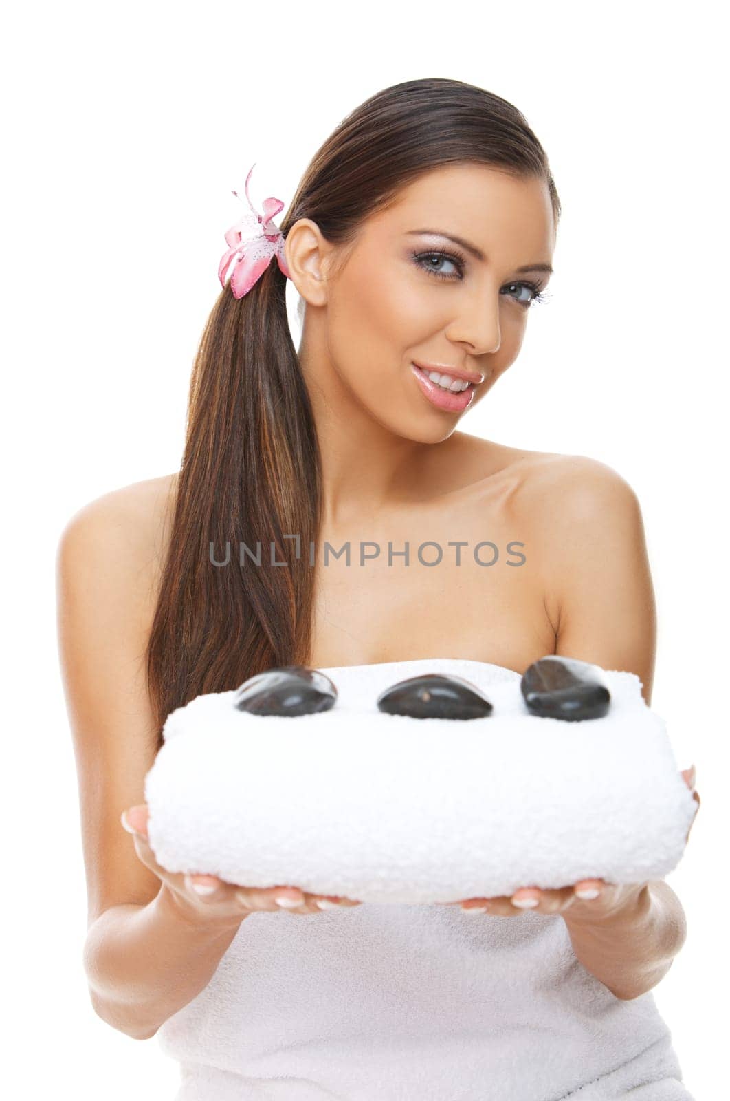 Portrait of beautiful young woman on white background