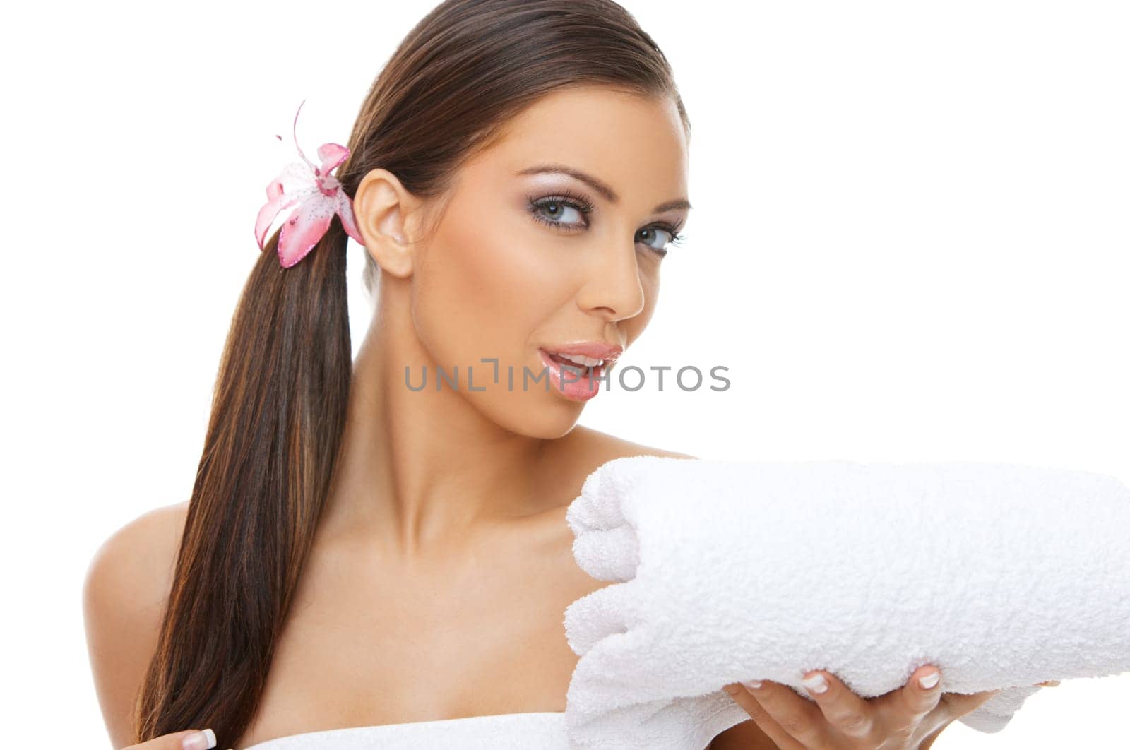 Portrait of beautiful young woman on white background