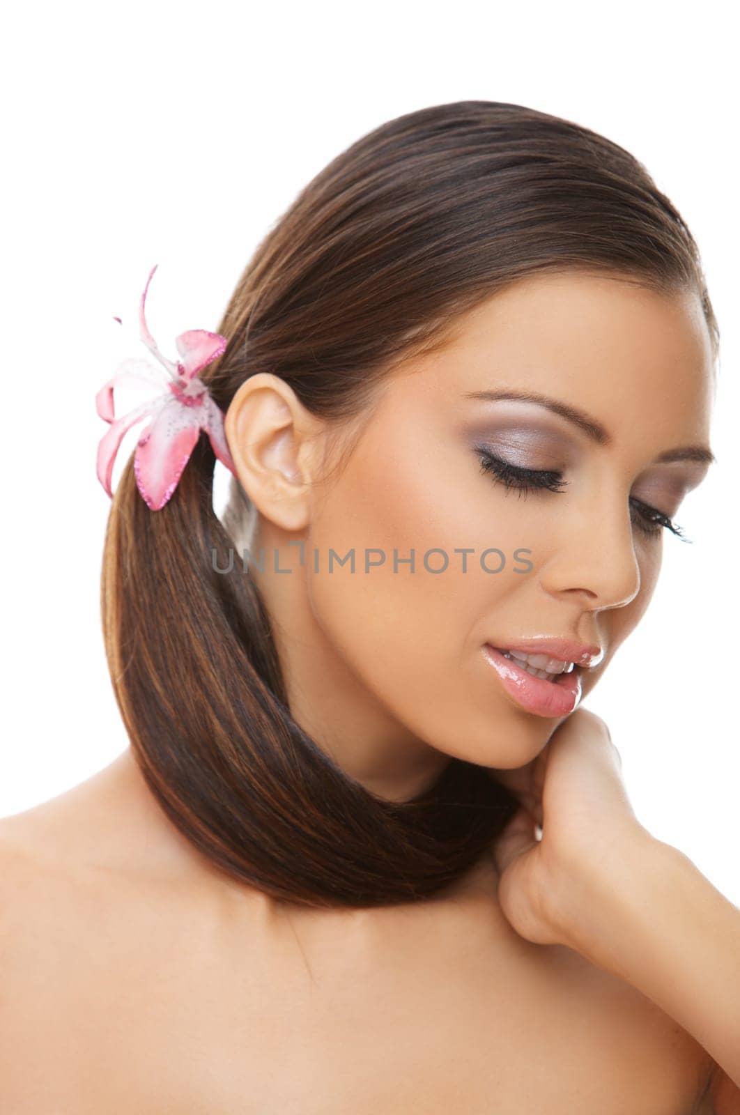 Portrait of beautiful young woman on white background