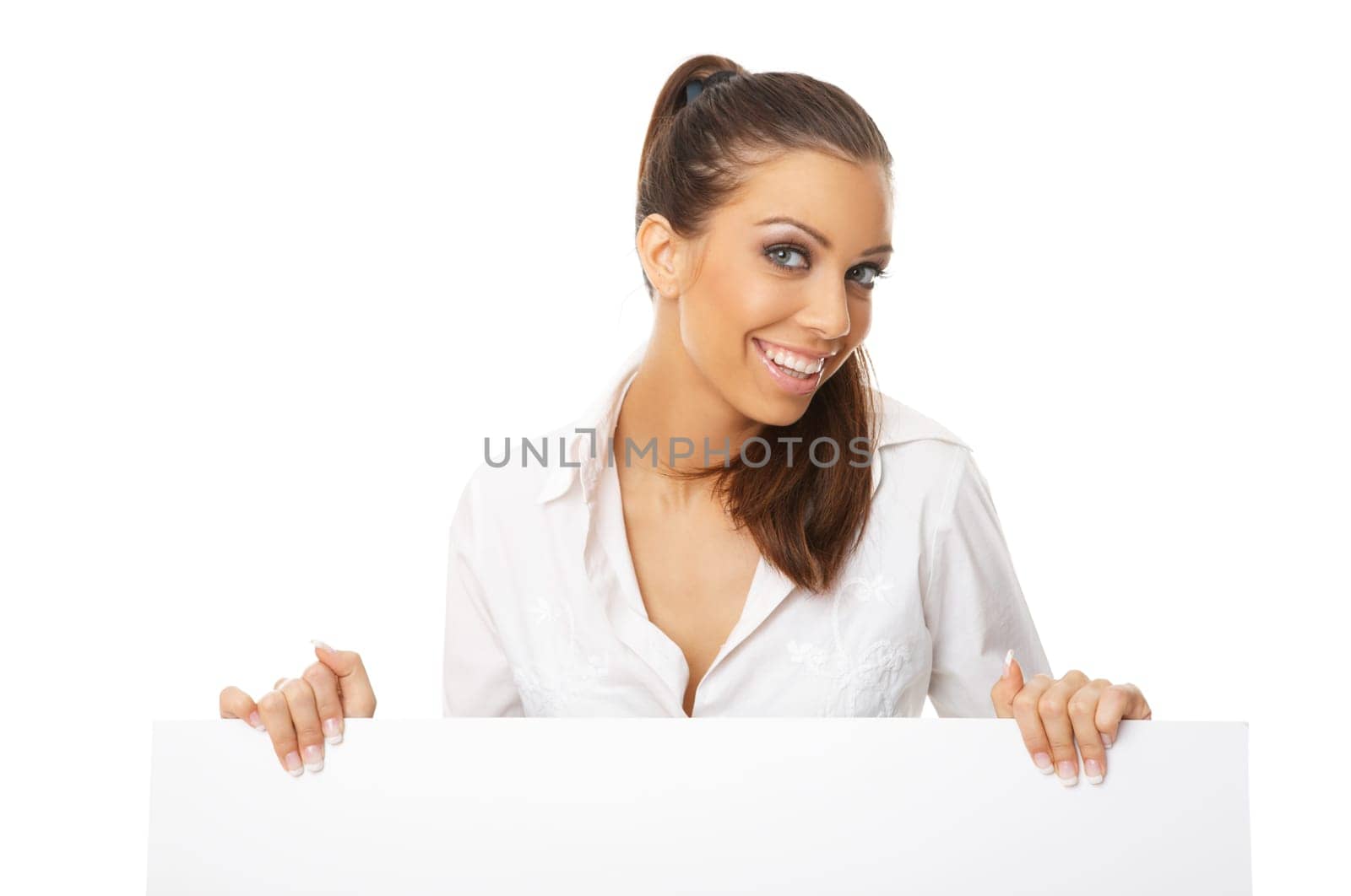 Beautiful business woman holding empty white board