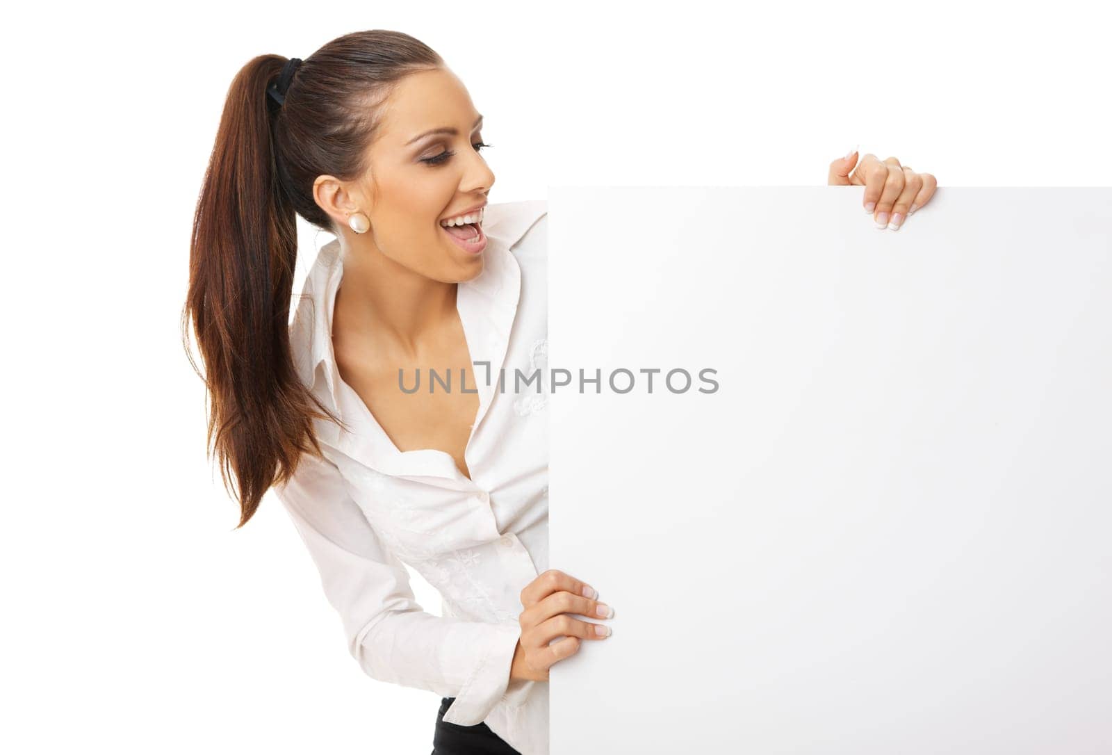 Beautiful business woman holding empty white board