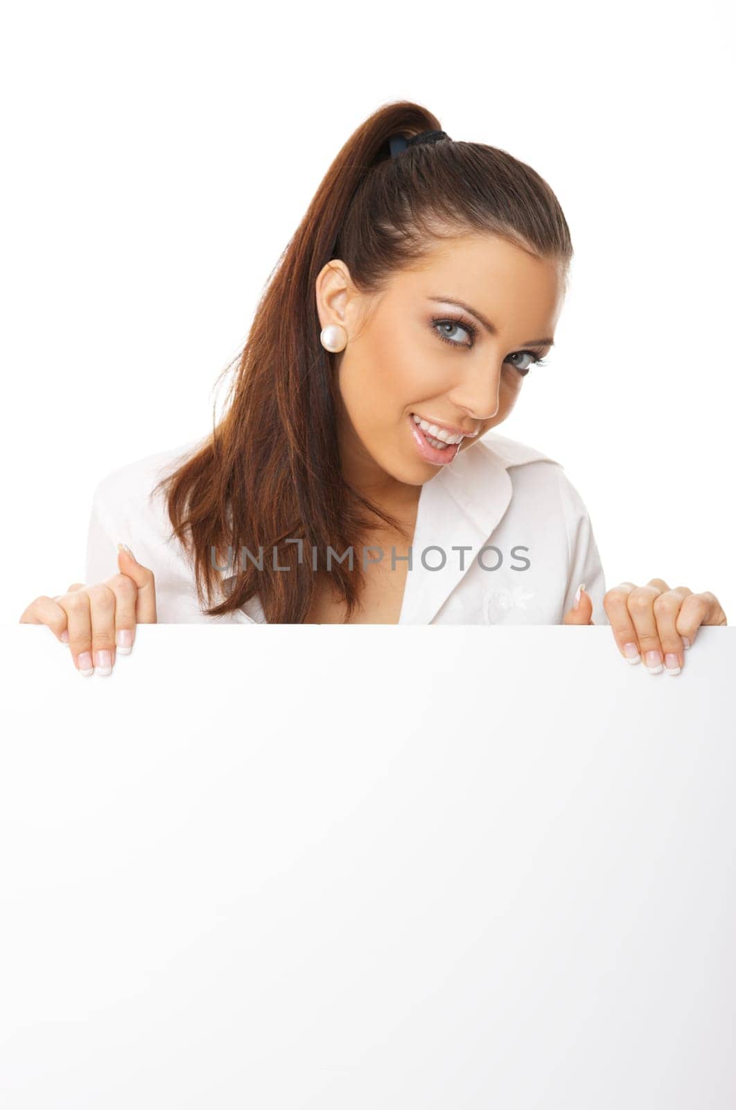 Beautiful business woman holding empty white board
