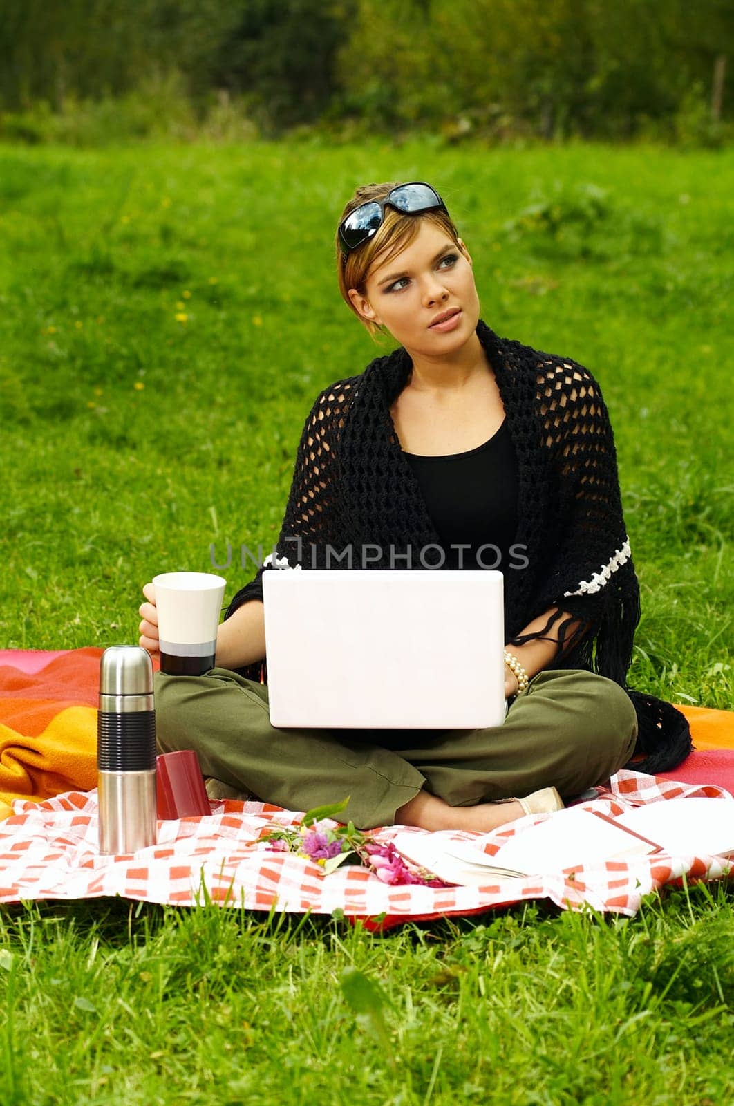 Young business woman working on laptop computer during picnic on green meadows outdoors
