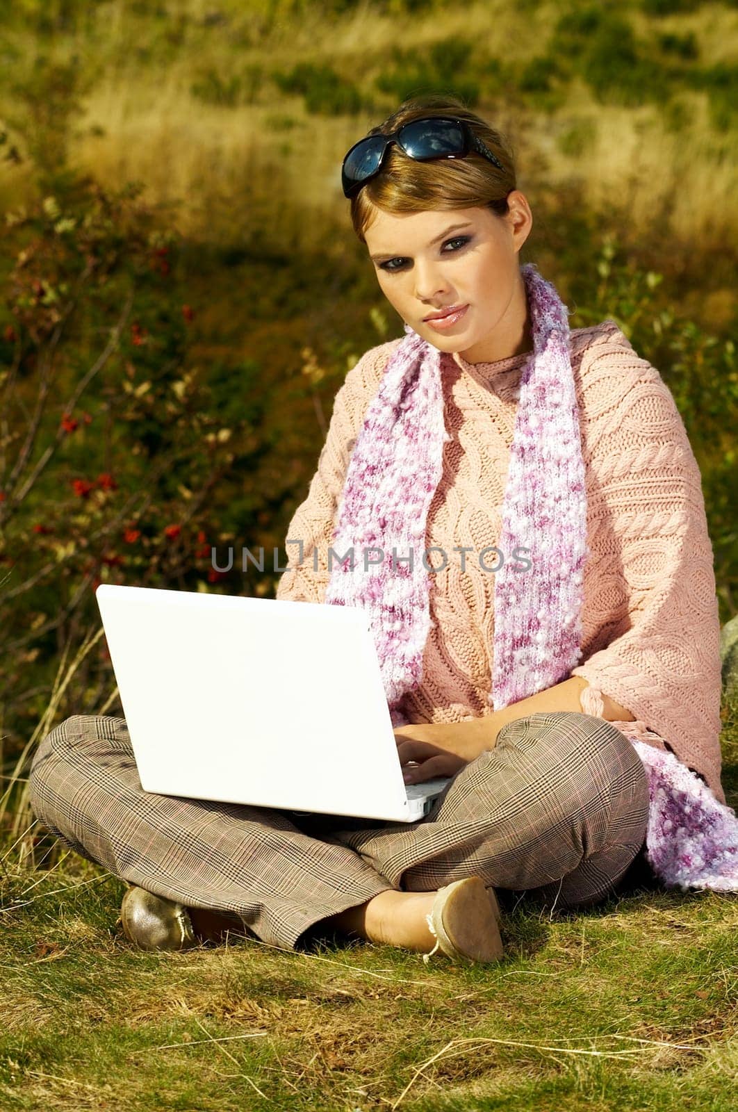 Young business woman relaxing, working on laptop computer on meadow