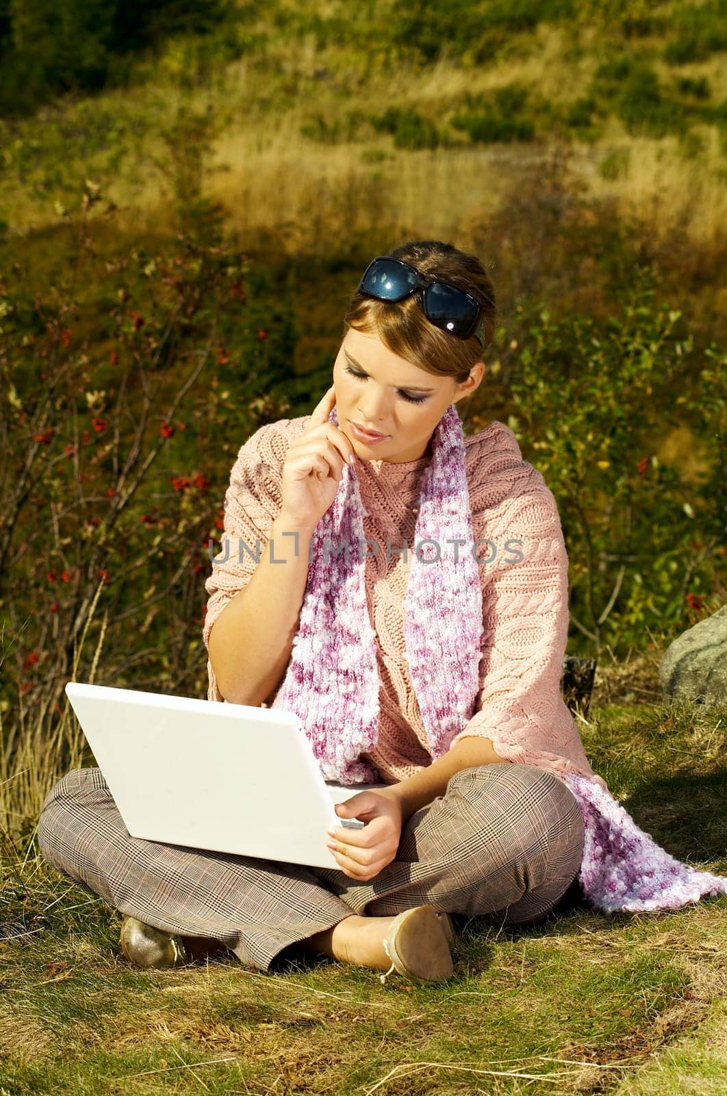 Young business woman relaxing, working on laptop computer on meadow