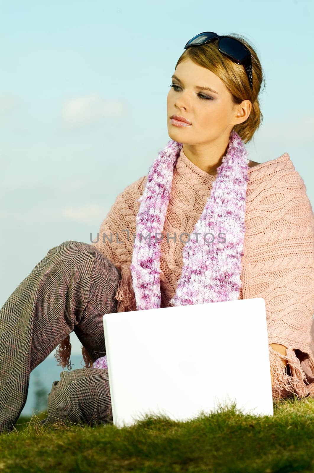 Young business woman relaxing, working on laptop computer on meadow