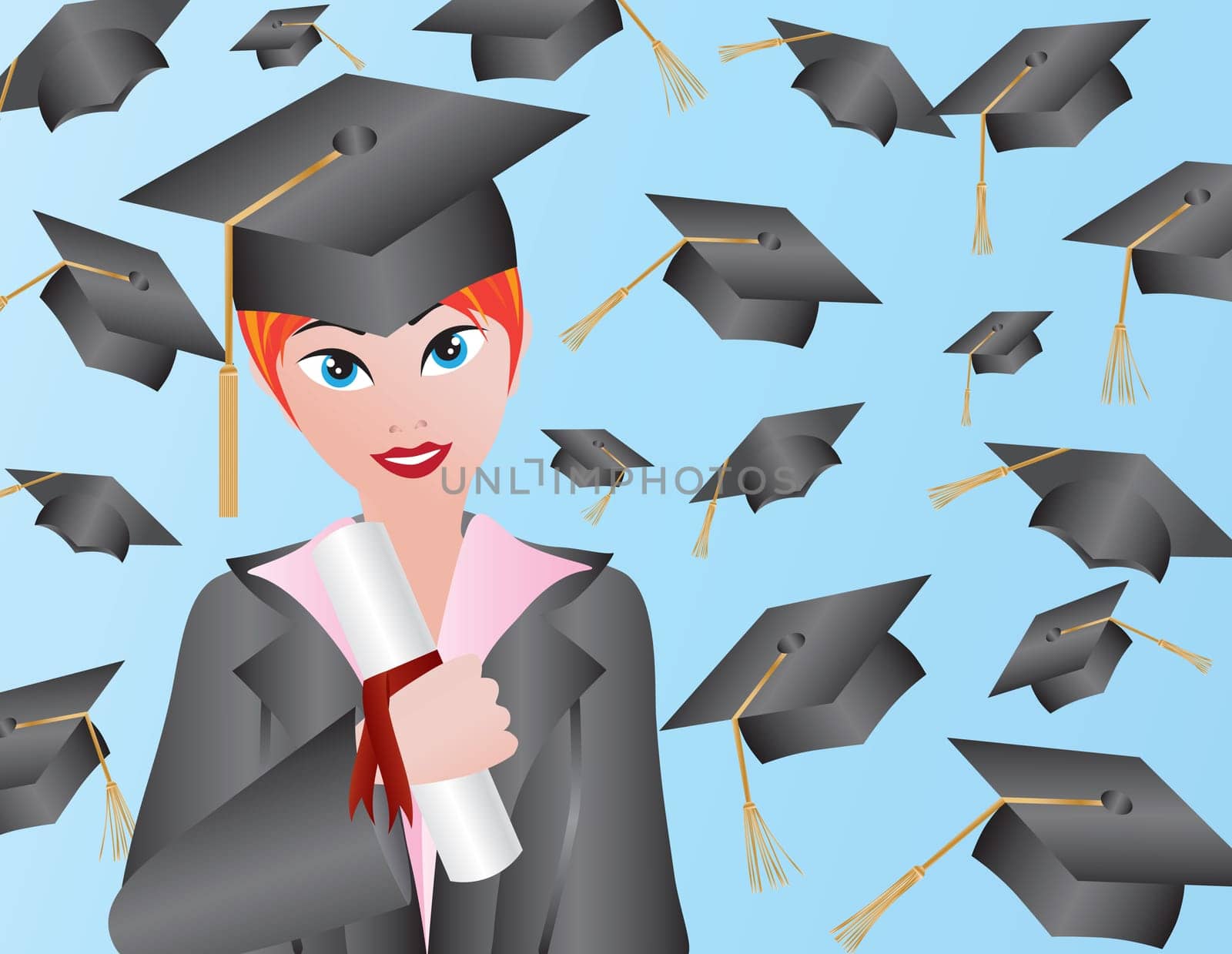 Female with Graduation Gown Cap and Diploma Illustration