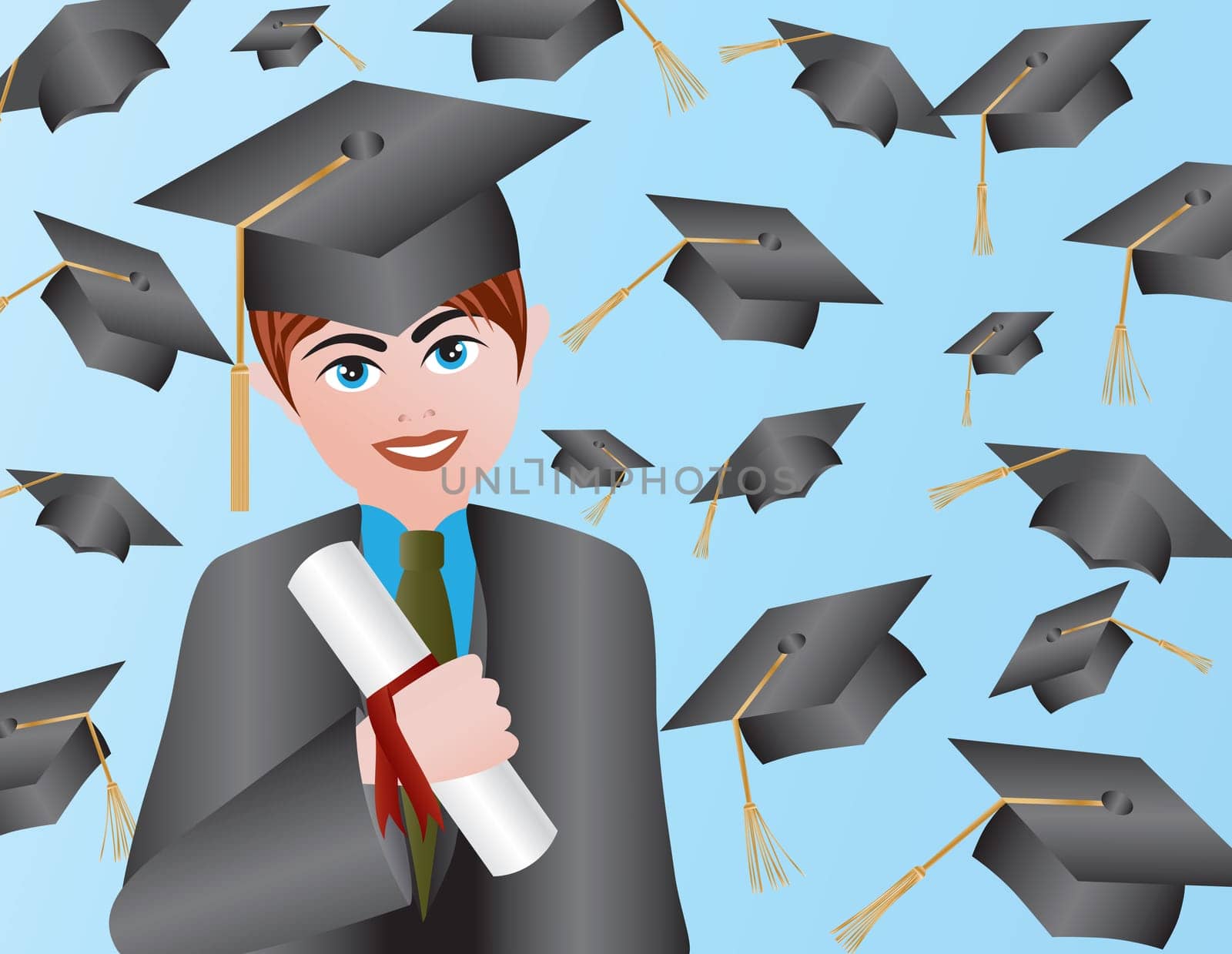 Male with Graduation Gown Cap and Diploma Illustration