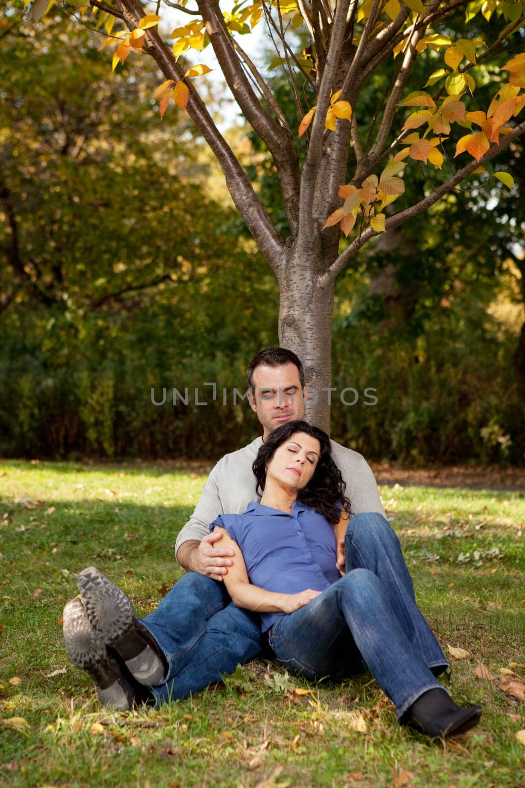 A couple relaxing in the park by a tree