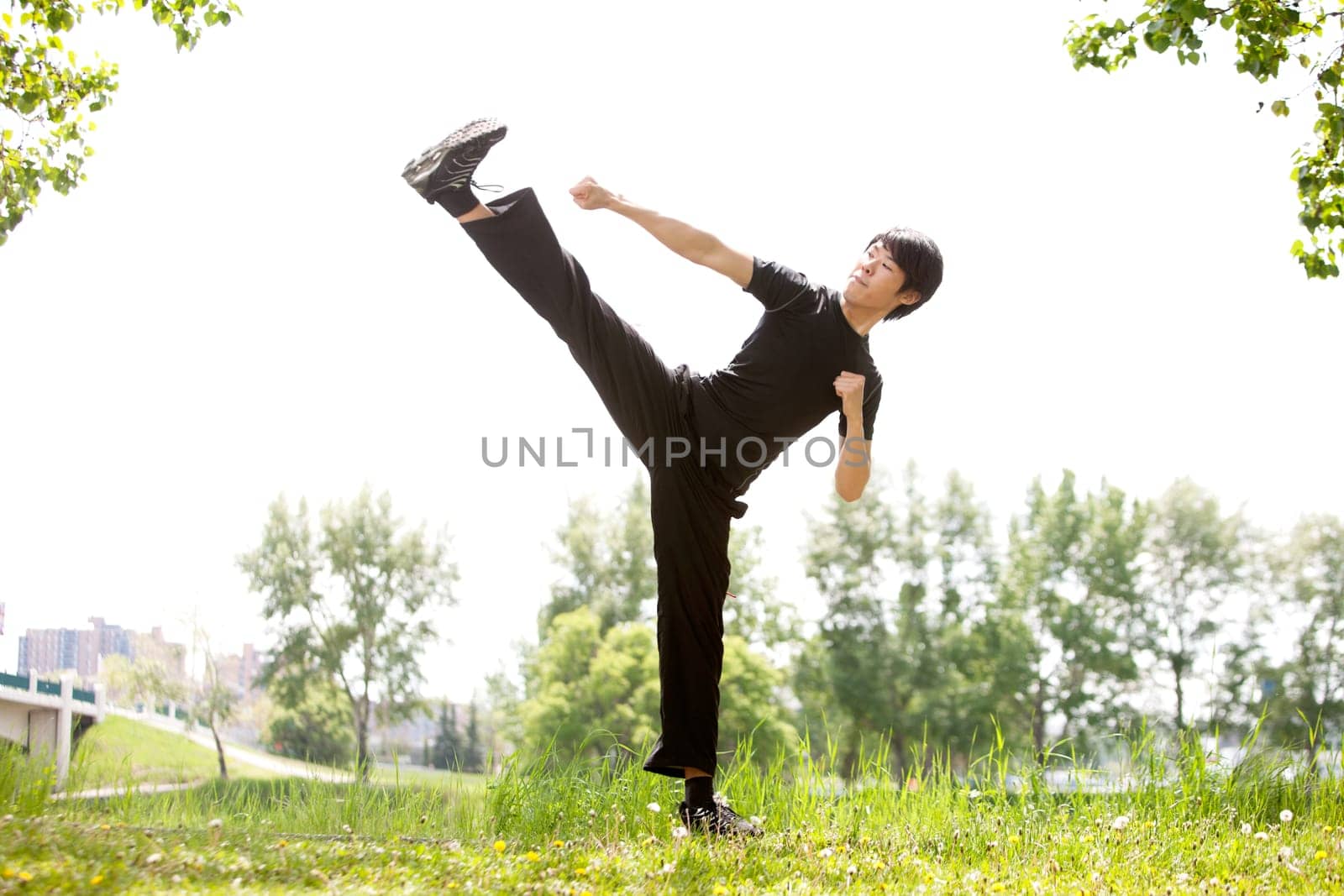 Young Martial artist with his high side kick against blur background