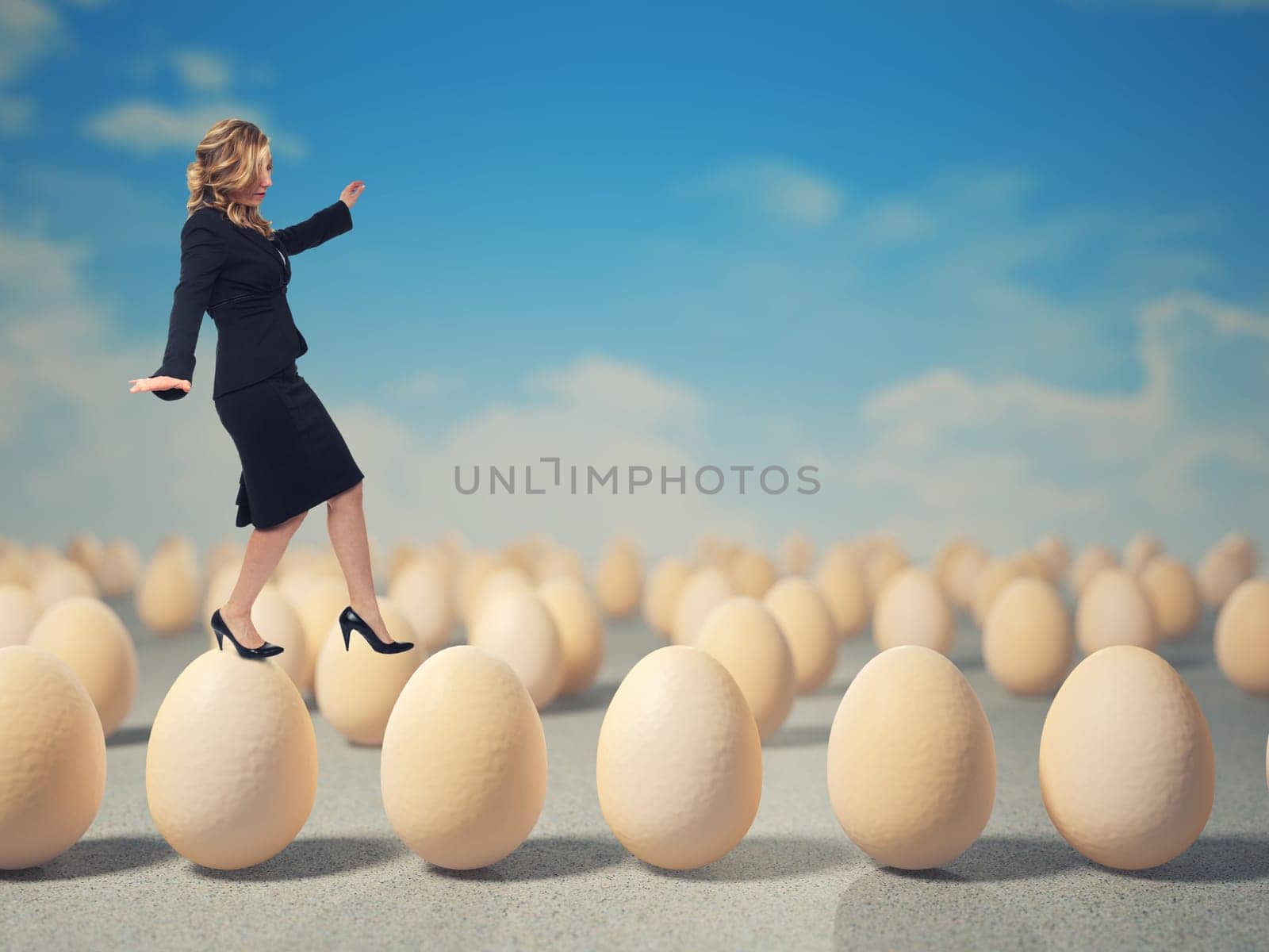 caucasian businesswoman walk on 3d eggs