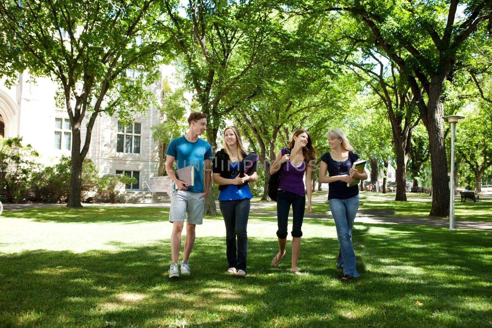 Students walking through campus visiting