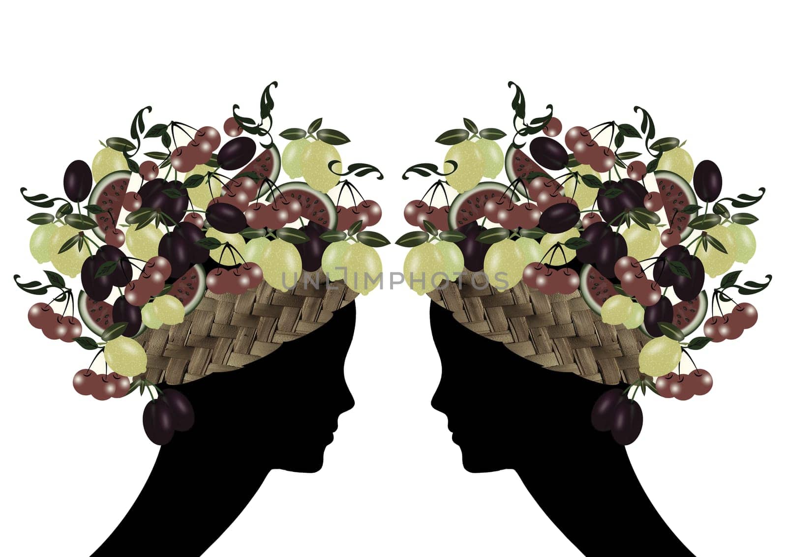 women profile with hair of fruit and leafs