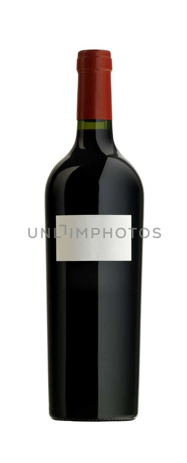 A bottle of red wine with a blank label, isolated on white