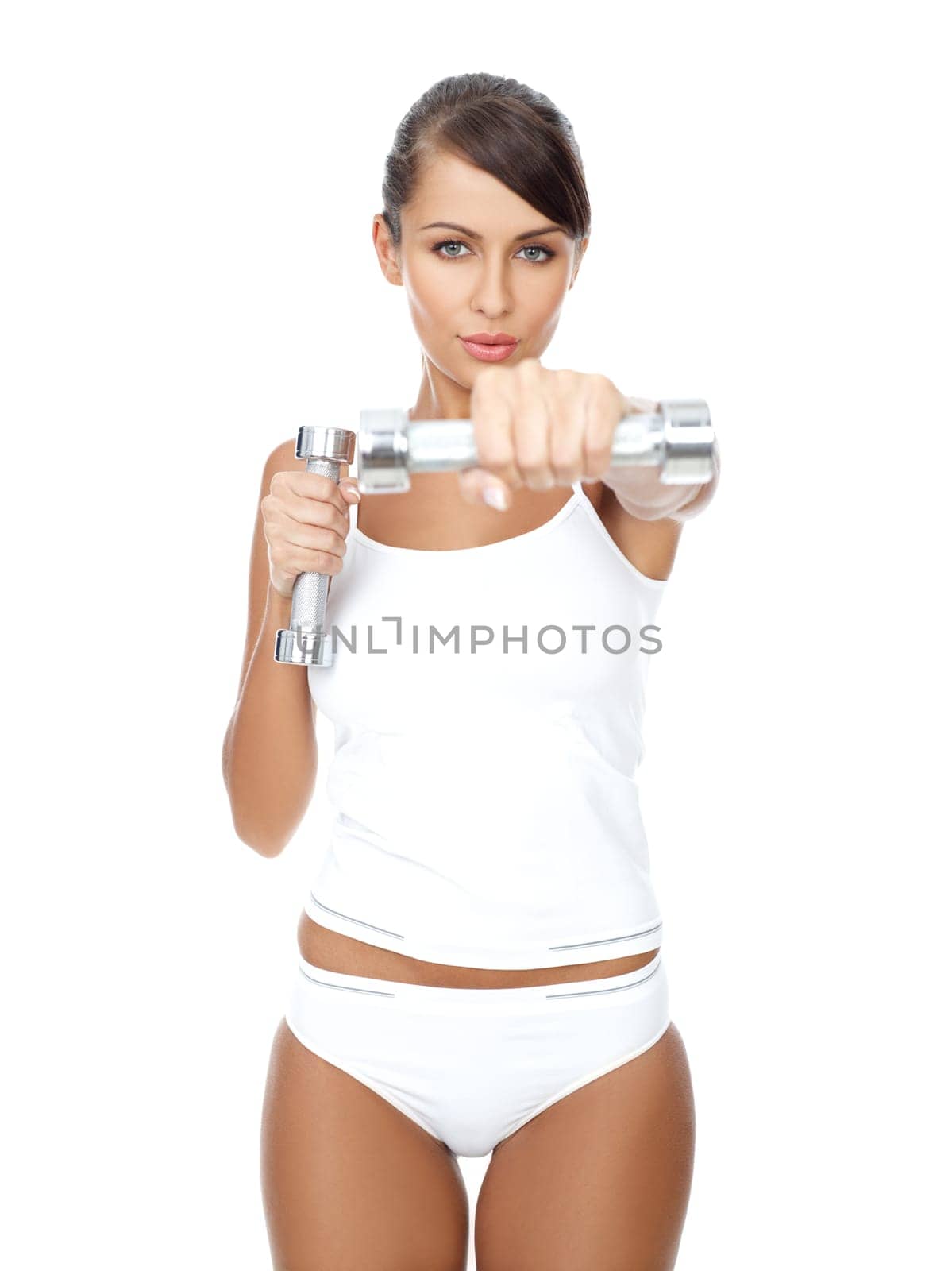 Young beautiful woman with dumb-bells in hands