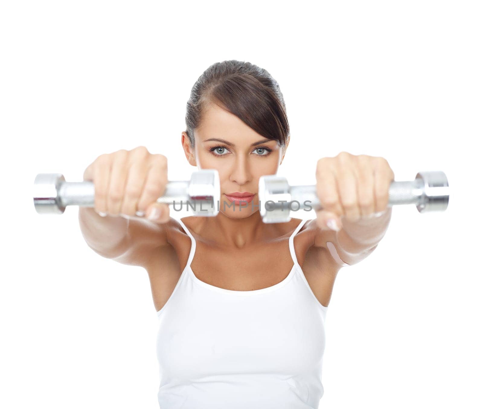Young beautiful woman with dumb-bells in hands