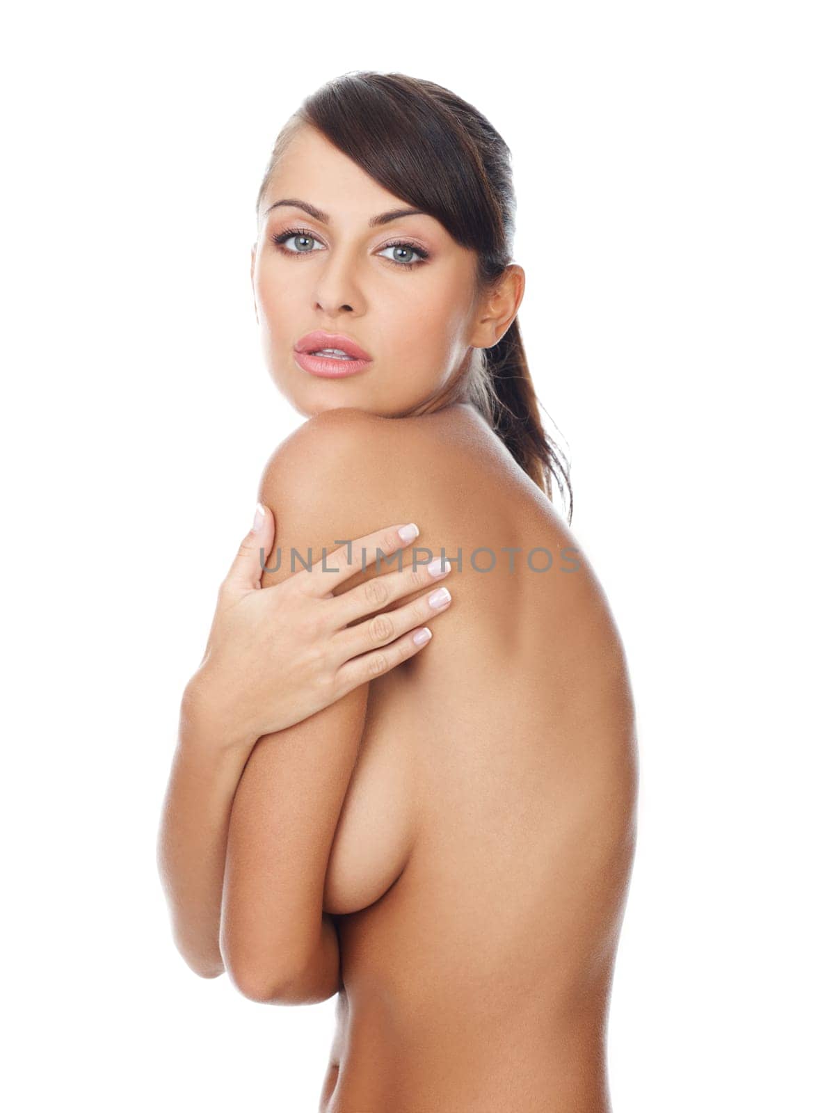 Portrait of beautiful and sexy woman on white