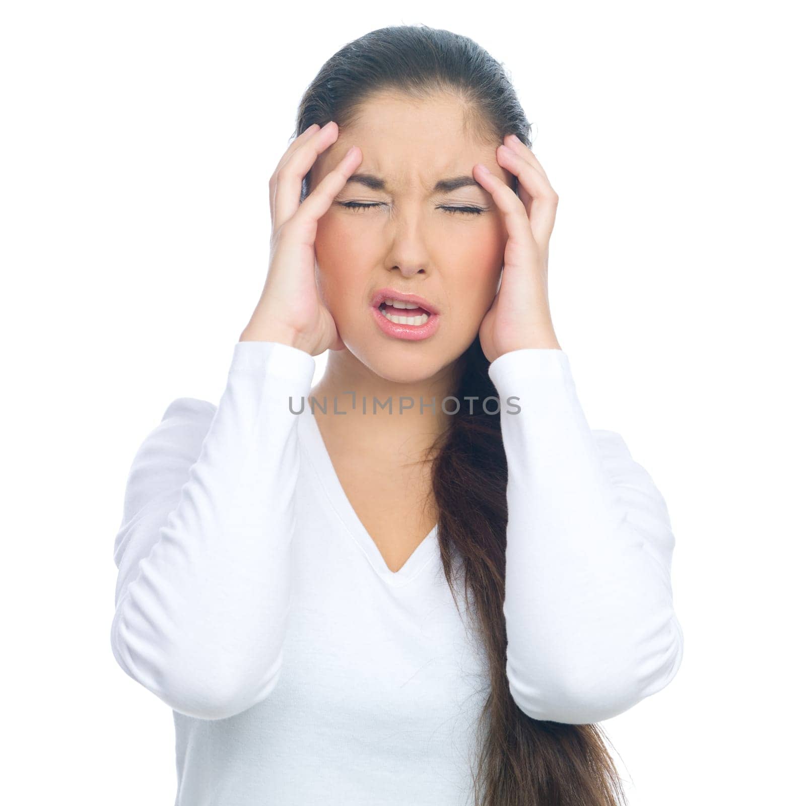 Portrait of a nice looking woman with head ache