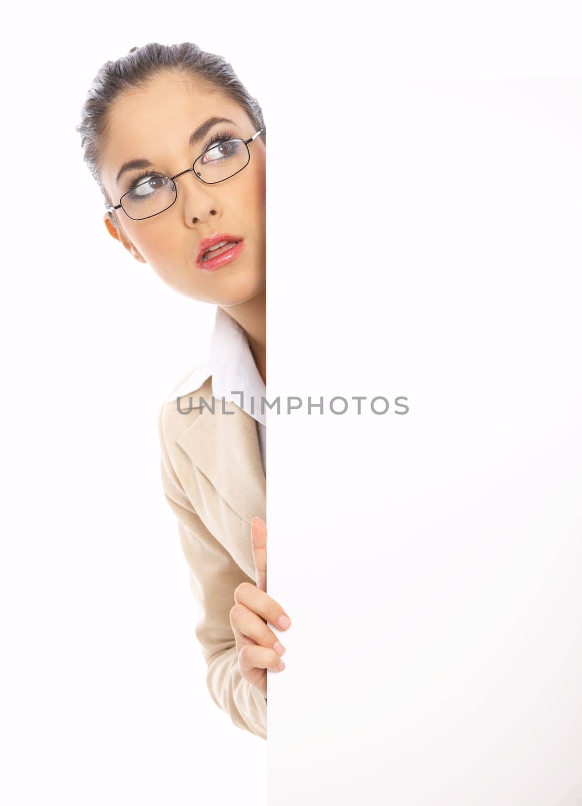 Business woman looking at empty white board