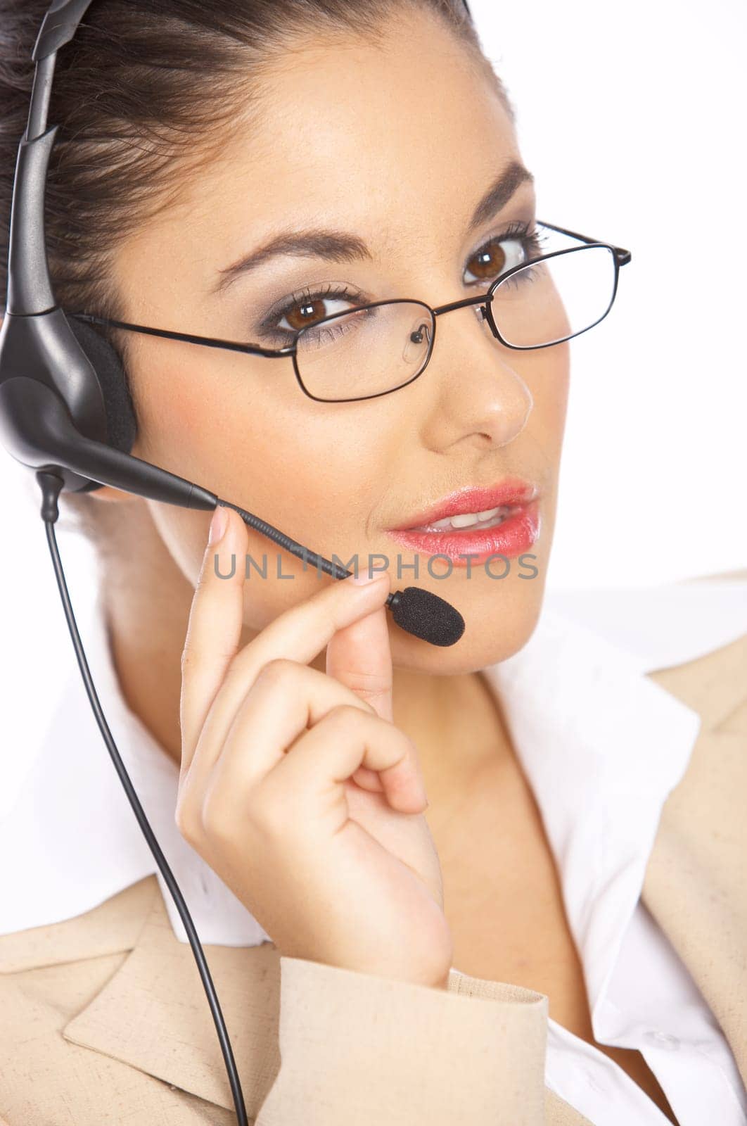 Business woman isolated on white using headset