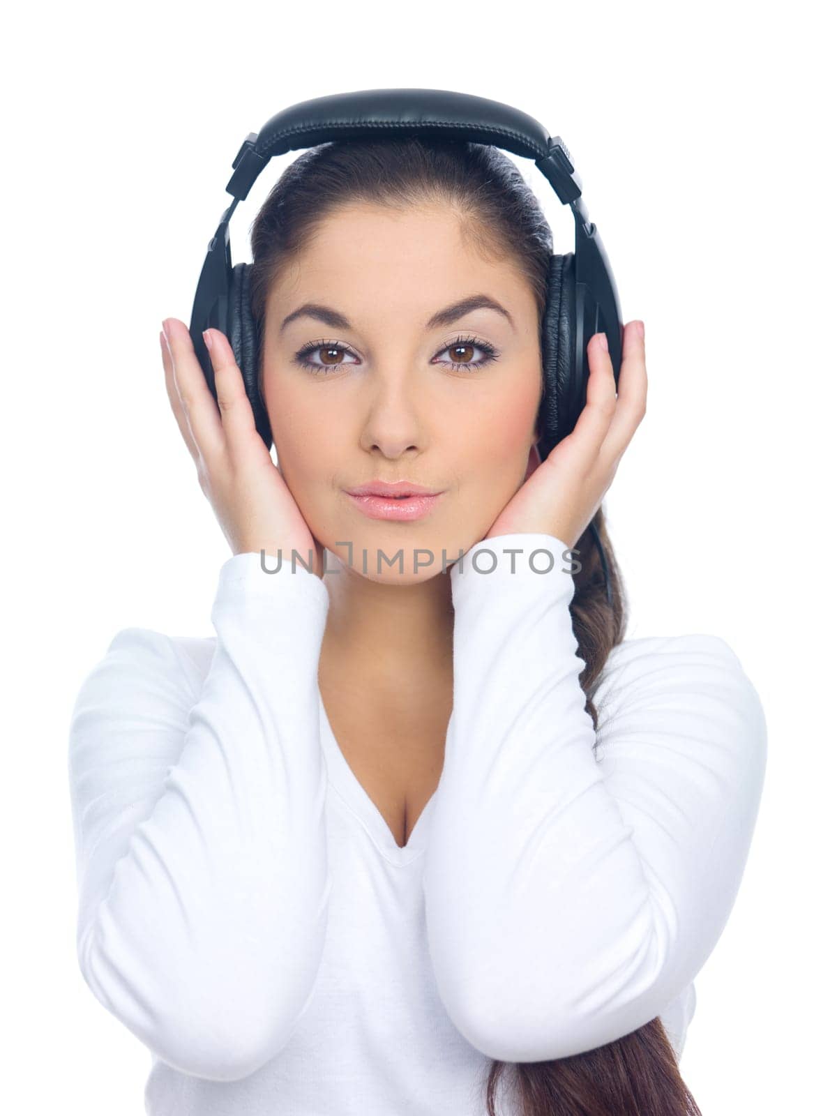 Beautiful young lady is listen to the music, isolated