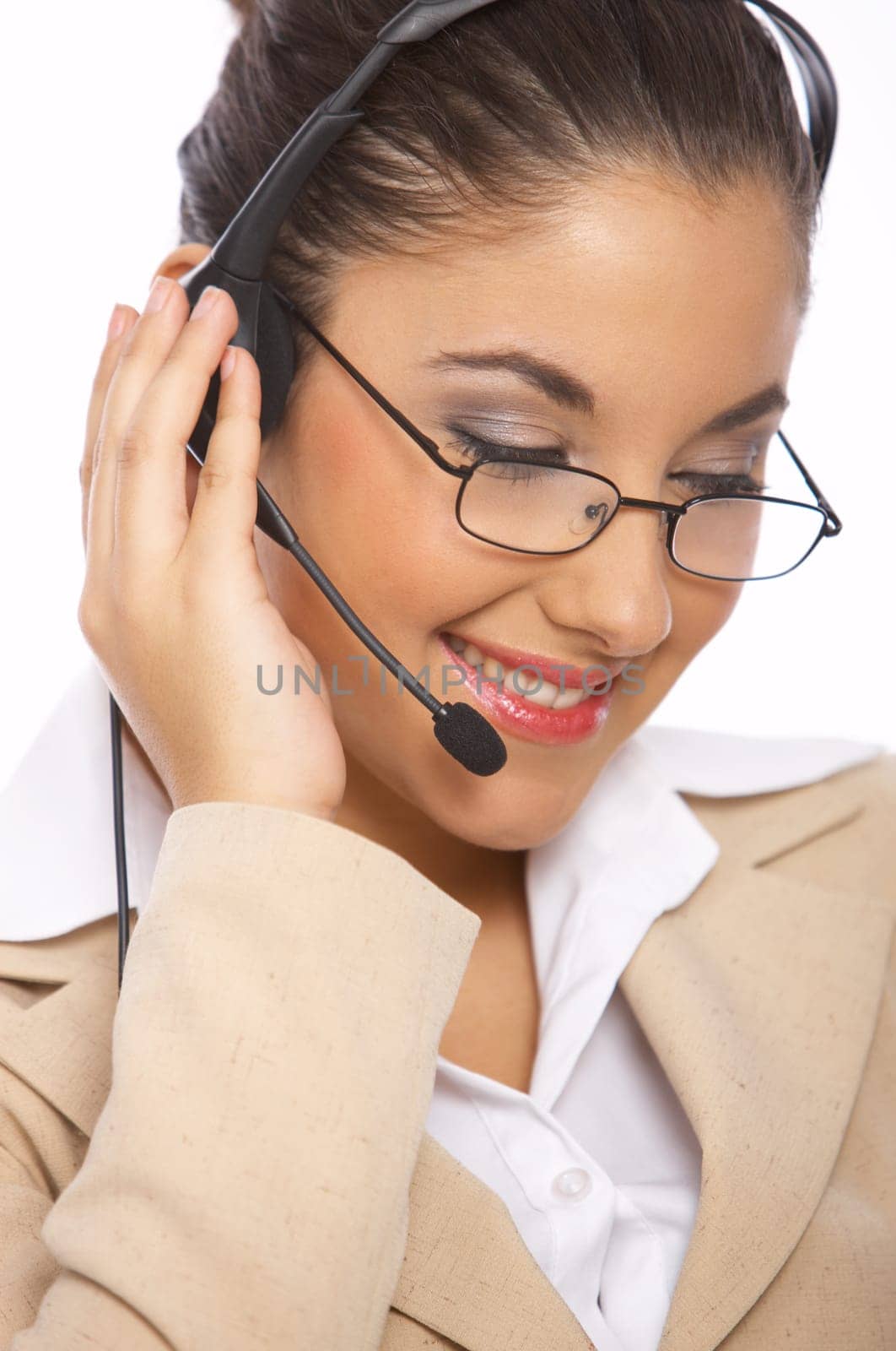 Business woman isolated on white using headset
