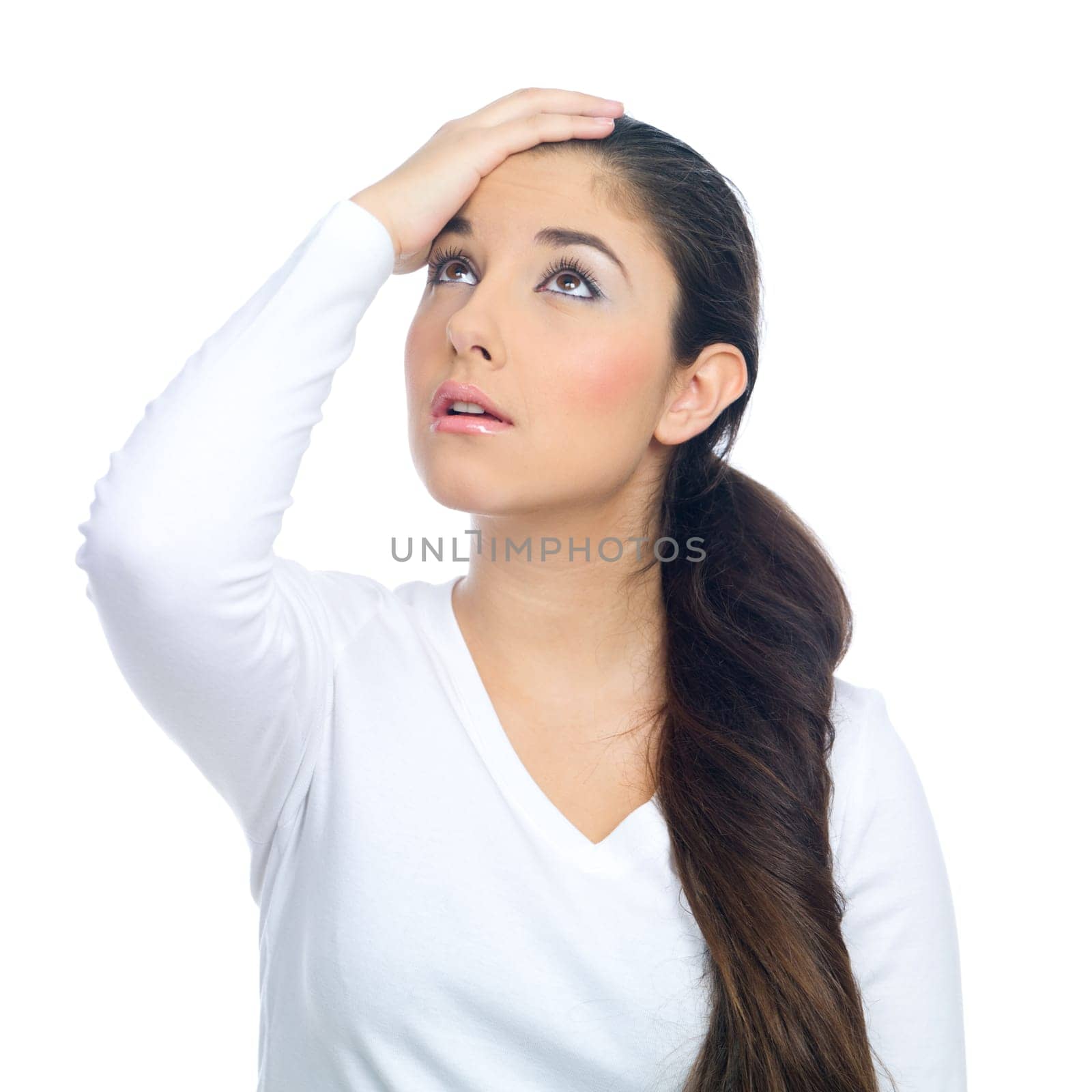 Portrait of a nice looking woman with head ache
