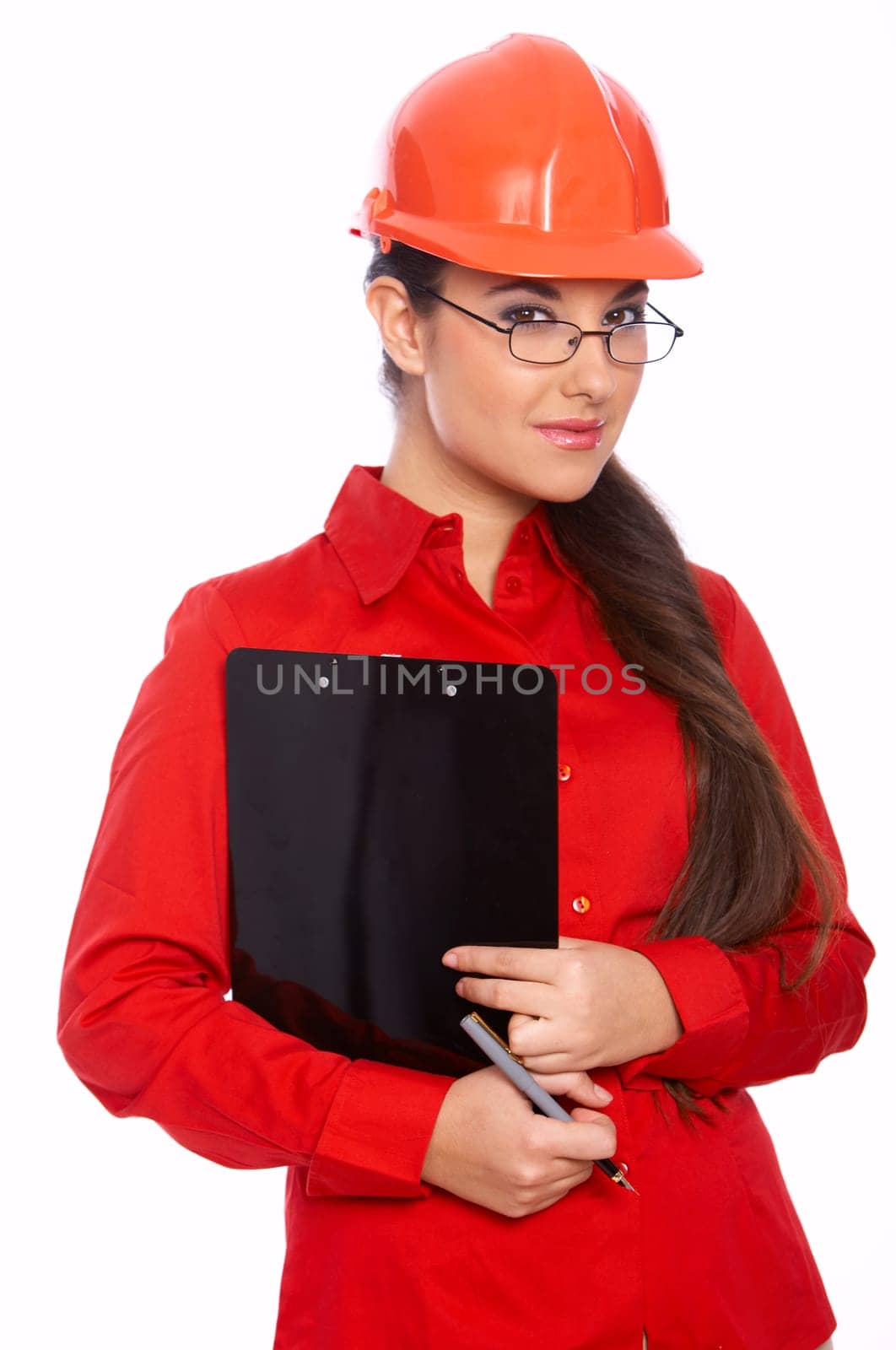 Female architect holding clipboard, isolated on white