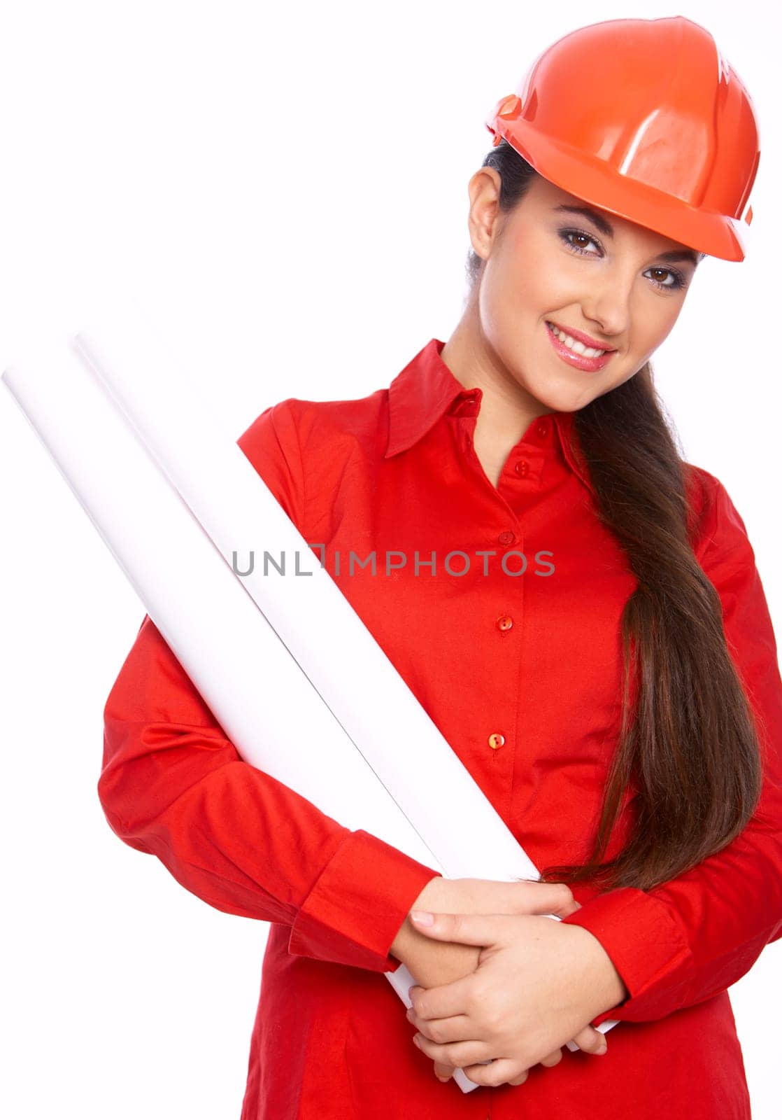 Female architect holding blueprints, isolated on white