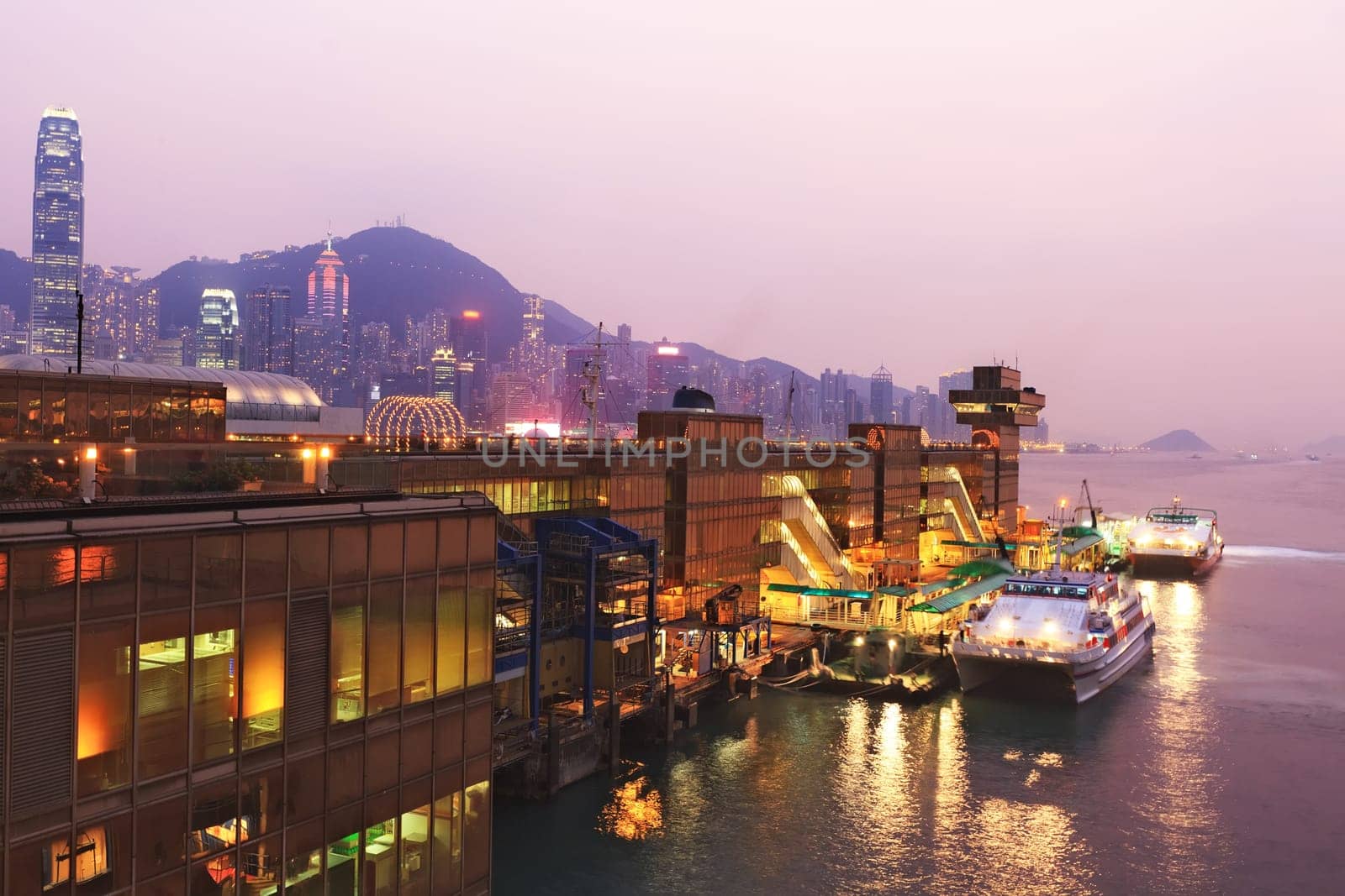 China Hong Kong harbor ferry at night time