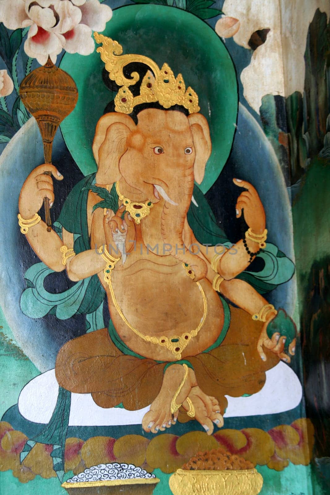 Wall painting of Ganesha in Rumtek Monastery, Gangtok, Sikkim, India, Asia
