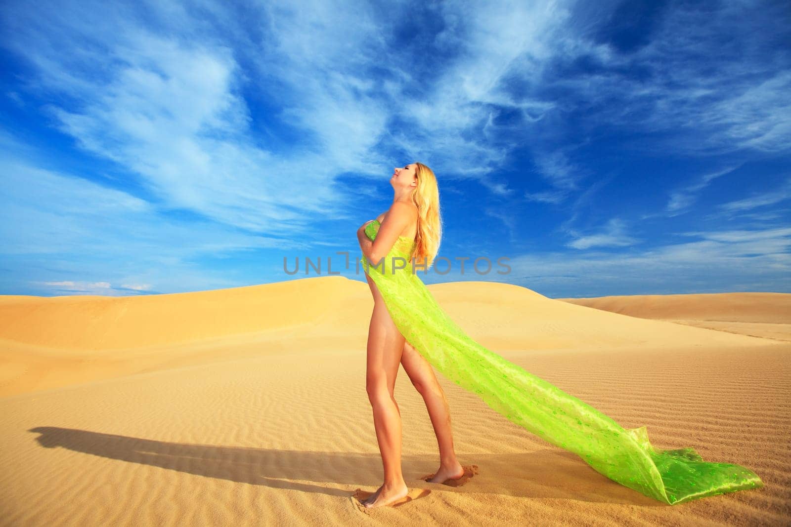 Beautiful nude woman with scarf in desert