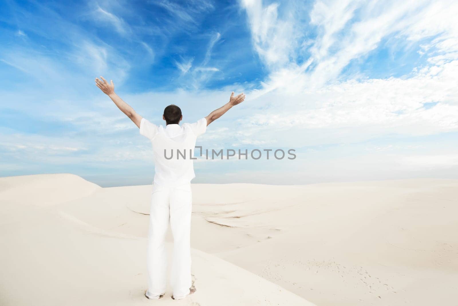 Rear view of man with hands up in desert